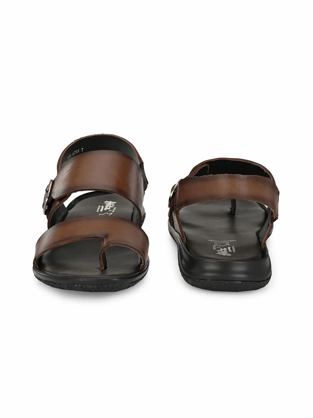 Hitz Men's Brown Leather Toe Ring Sandals with Buckle Closure