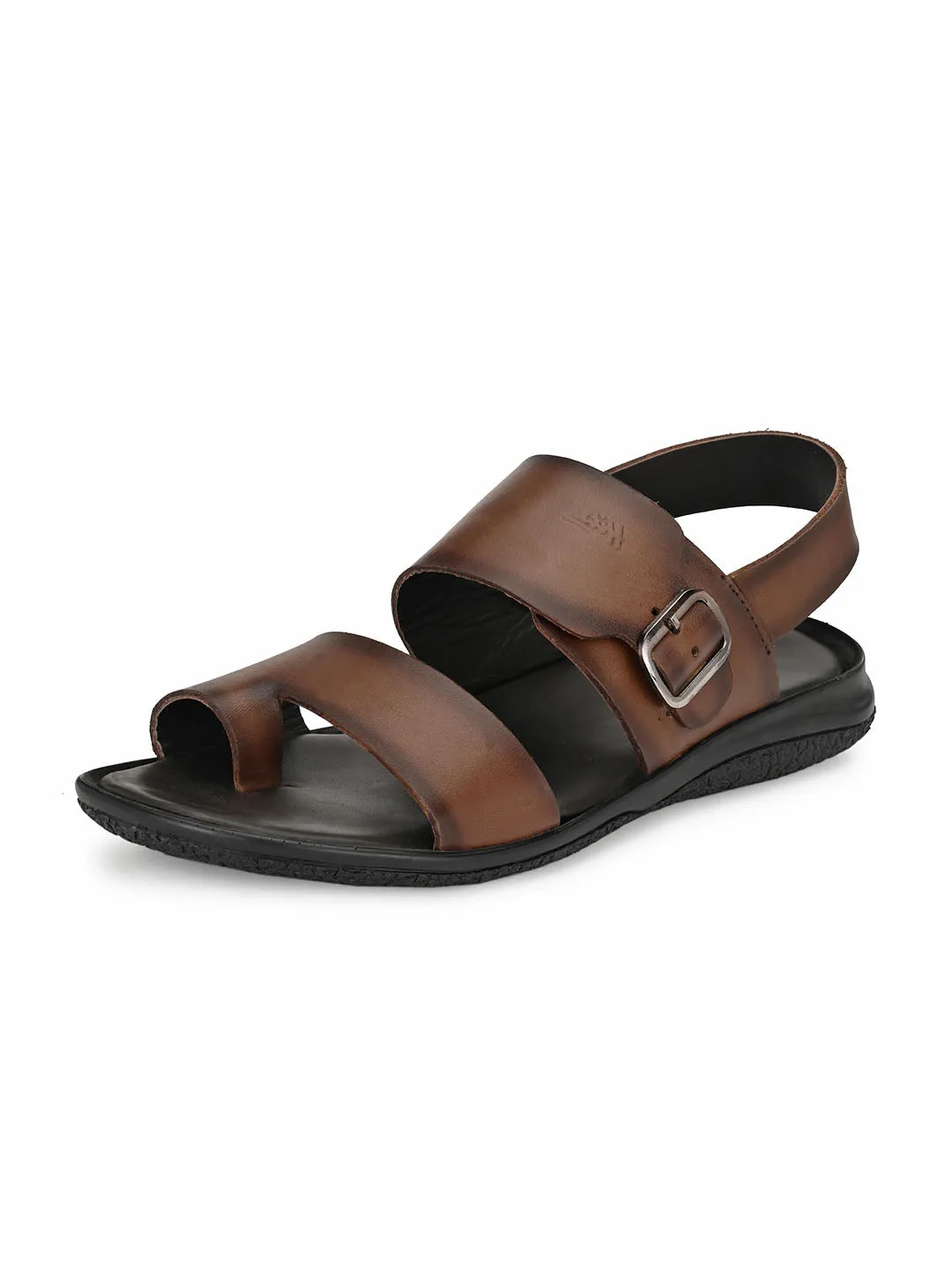 Hitz Men's Brown Leather Toe Ring Sandals with Buckle Closure