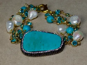 Howlite Turquoise, Baroque Pearl   Hematite Crystal Bracelet