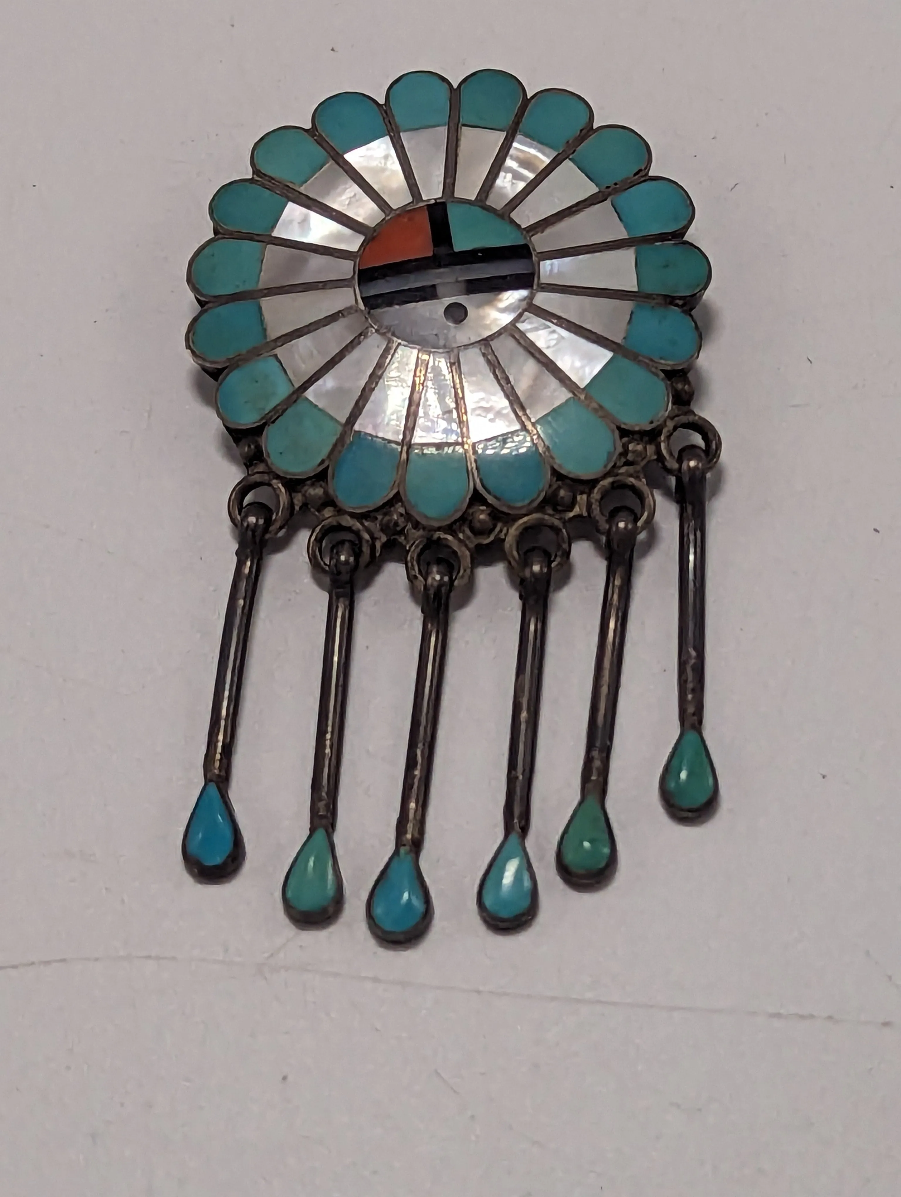 Janta Lonjose Sunface Pin / Pendant Turquoise Coral Mother of Pearl and Jet