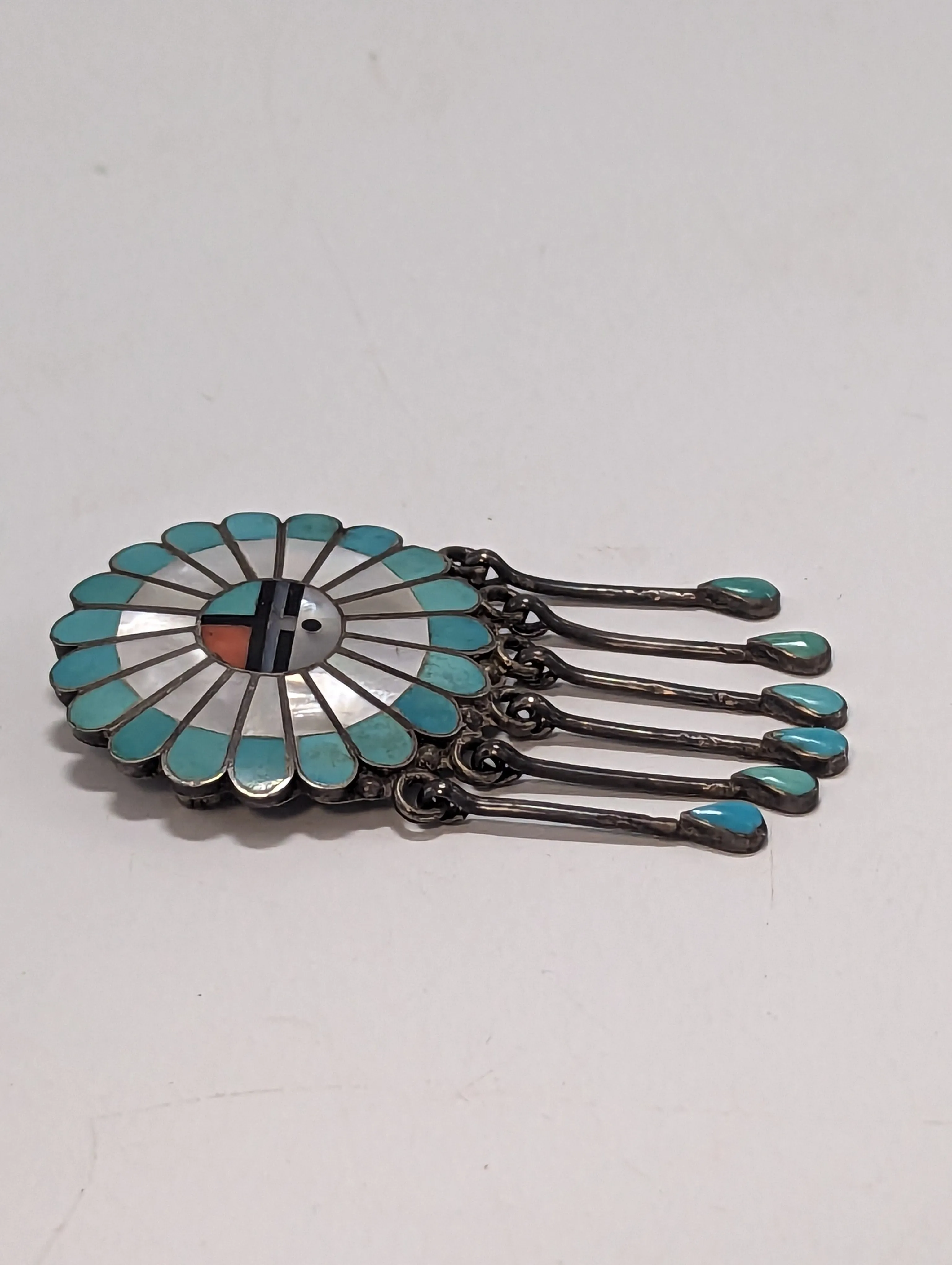 Janta Lonjose Sunface Pin / Pendant Turquoise Coral Mother of Pearl and Jet