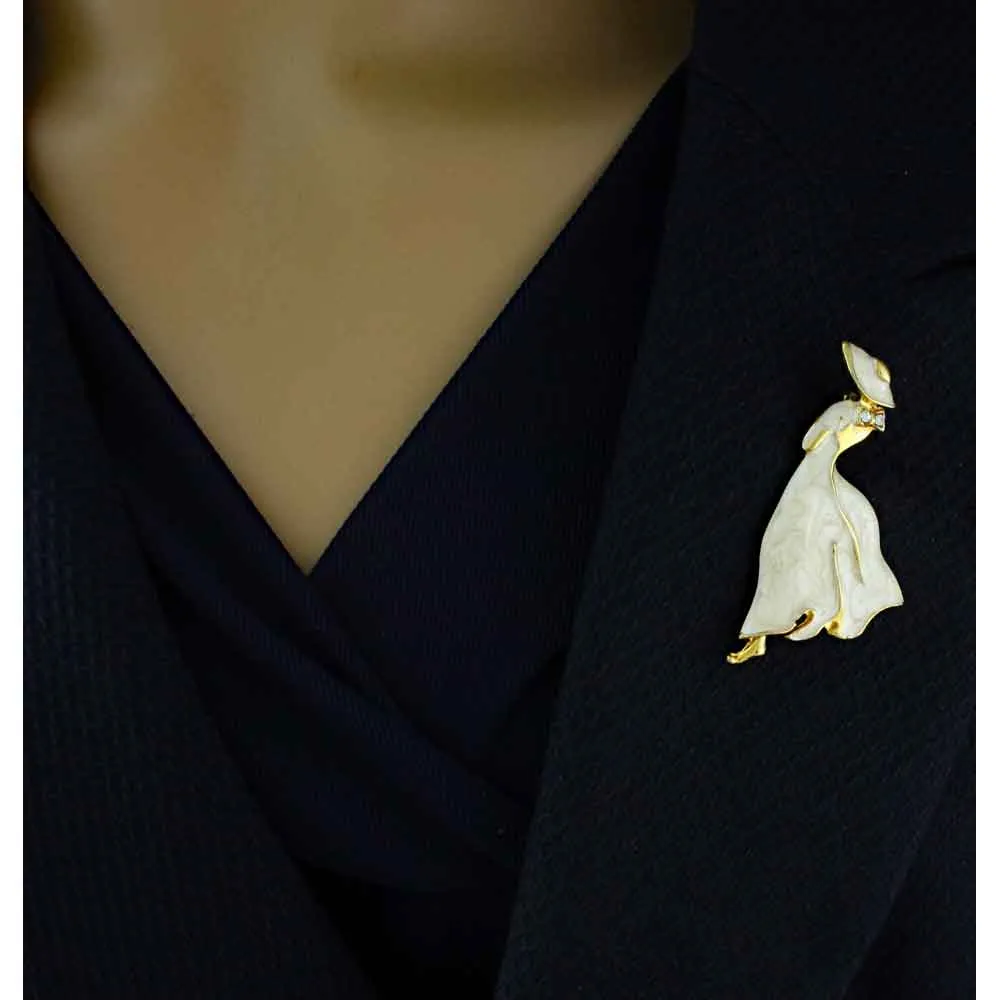 Lady in Cream Enamel Dress and Hat Brooch Pin - RFP227