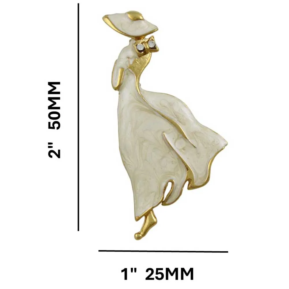 Lady in Cream Enamel Dress and Hat Brooch Pin - RFP227