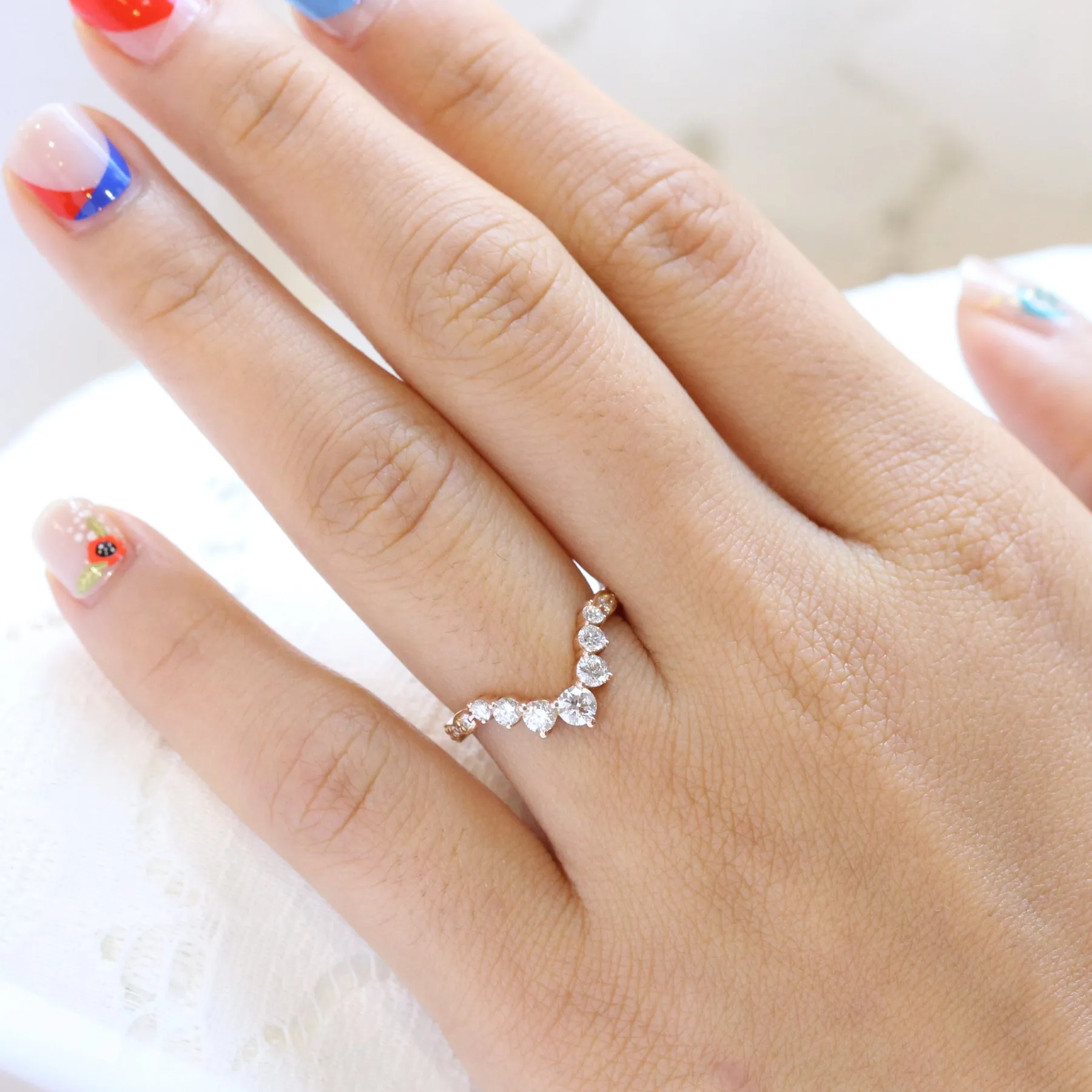 Large 7 Diamond Wedding Ring in Deep U Shaped Scalloped Band