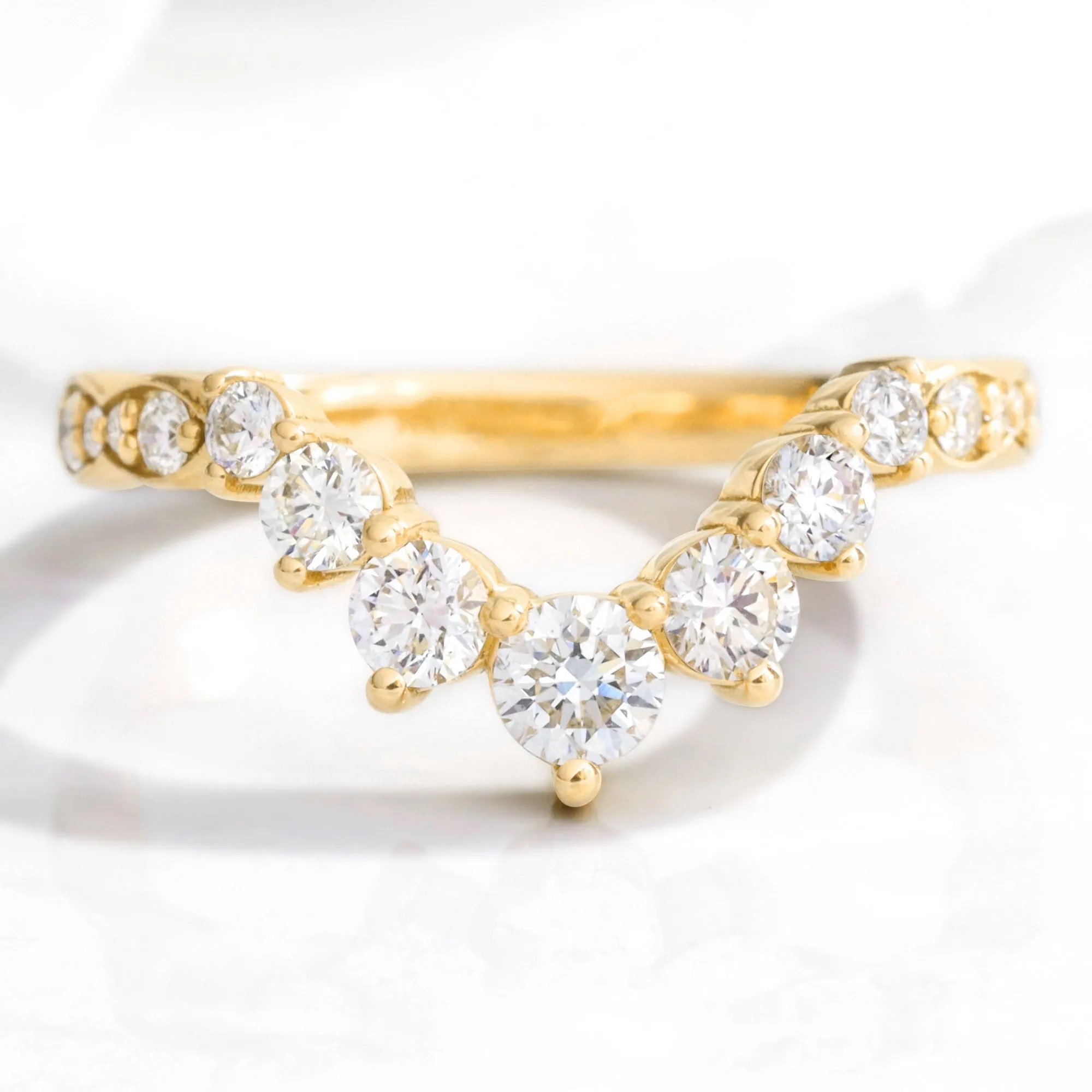 Large 7 Diamond Wedding Ring in Deep U Shaped Scalloped Band
