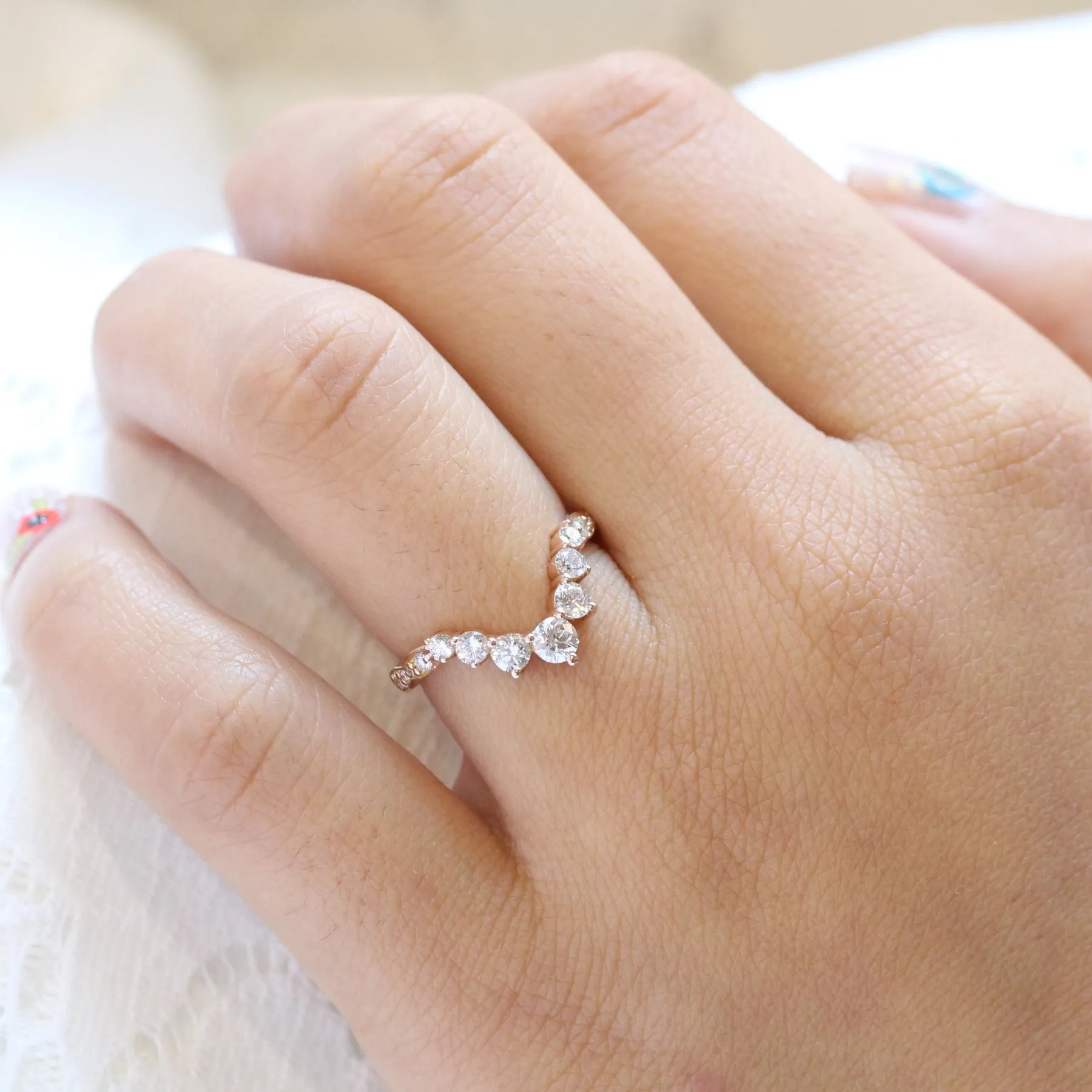 Large 7 Diamond Wedding Ring in Deep U Shaped Scalloped Band