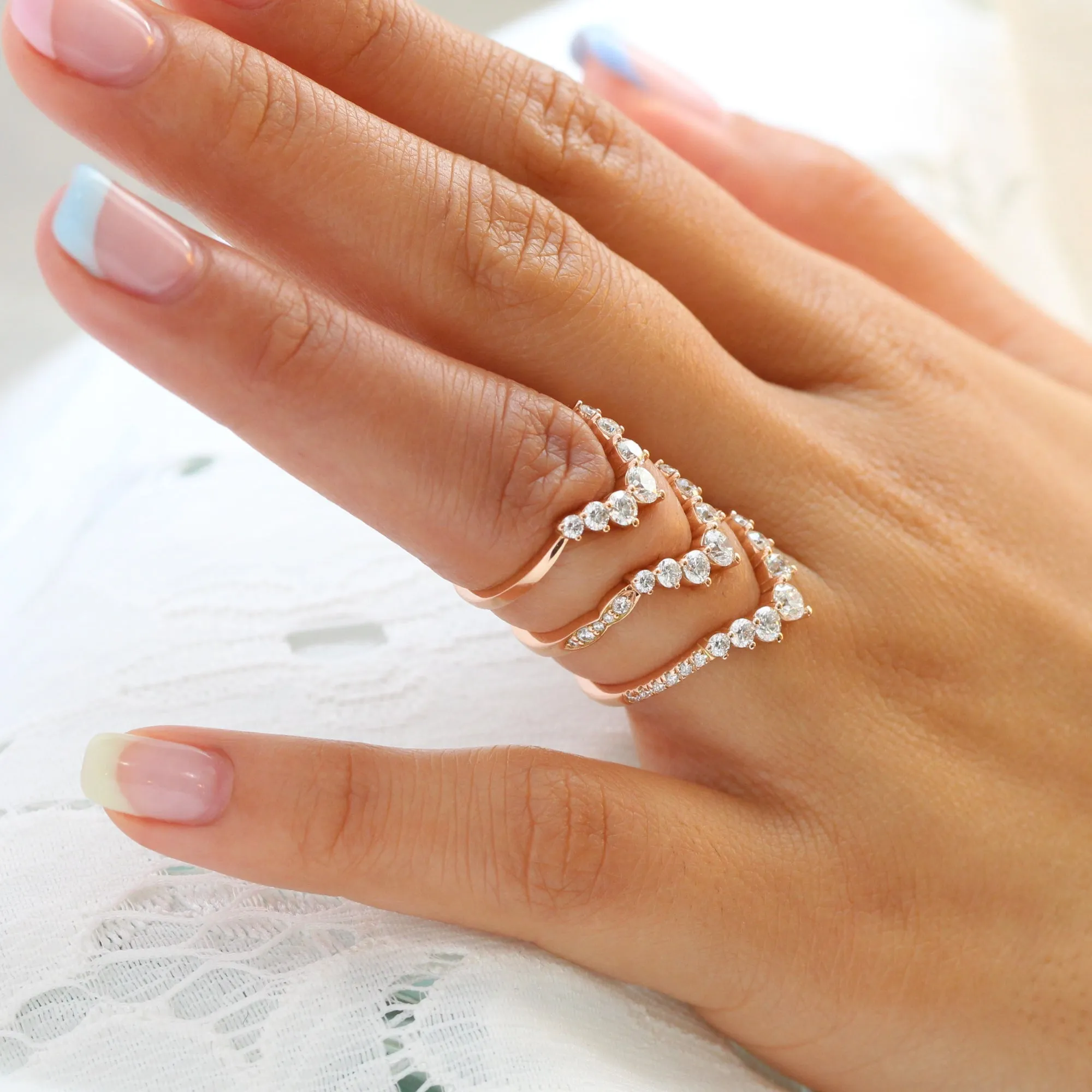 Large 7 Diamond Wedding Ring in Deep U Shaped Scalloped Band