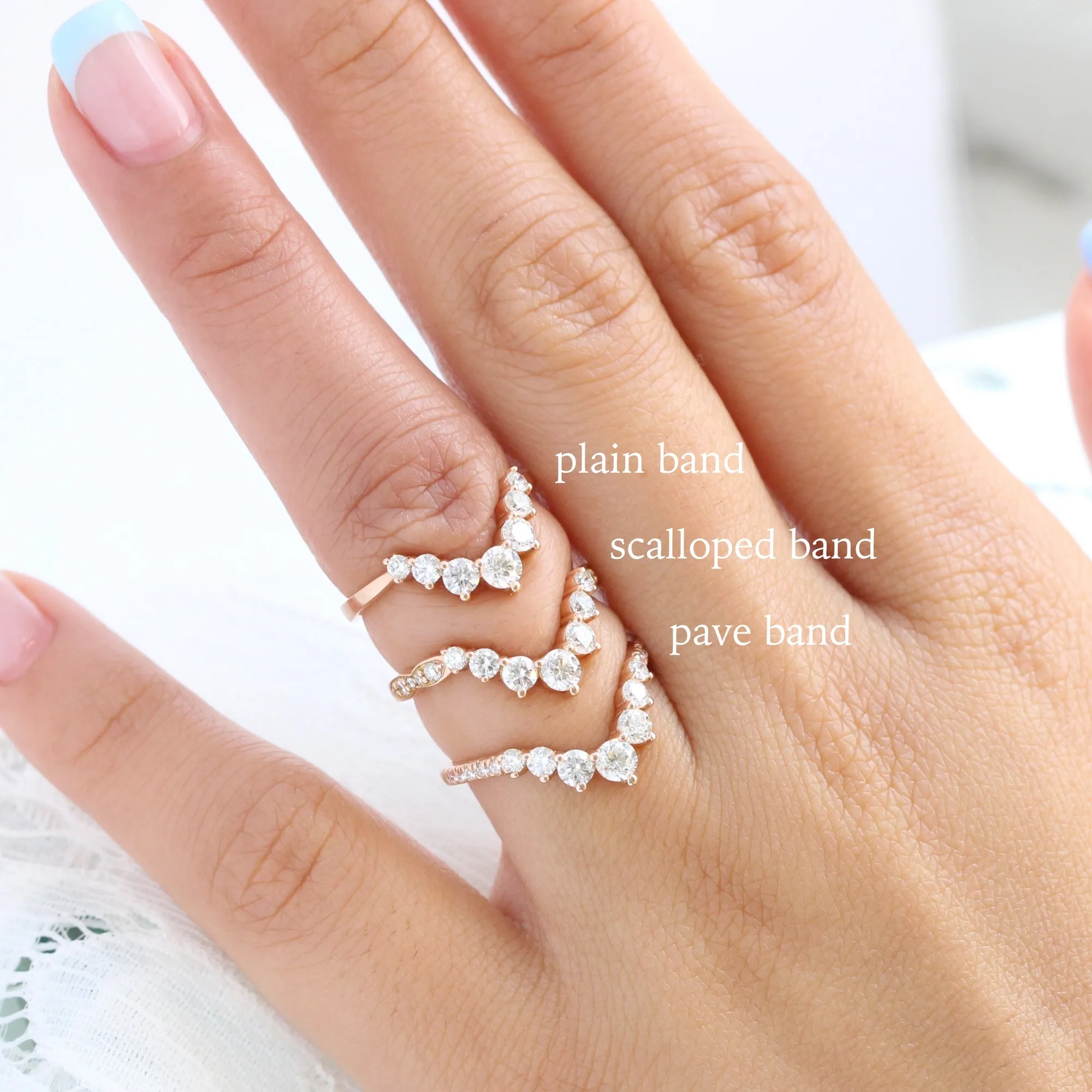 Large 7 Diamond Wedding Ring in Deep U Shaped Scalloped Band