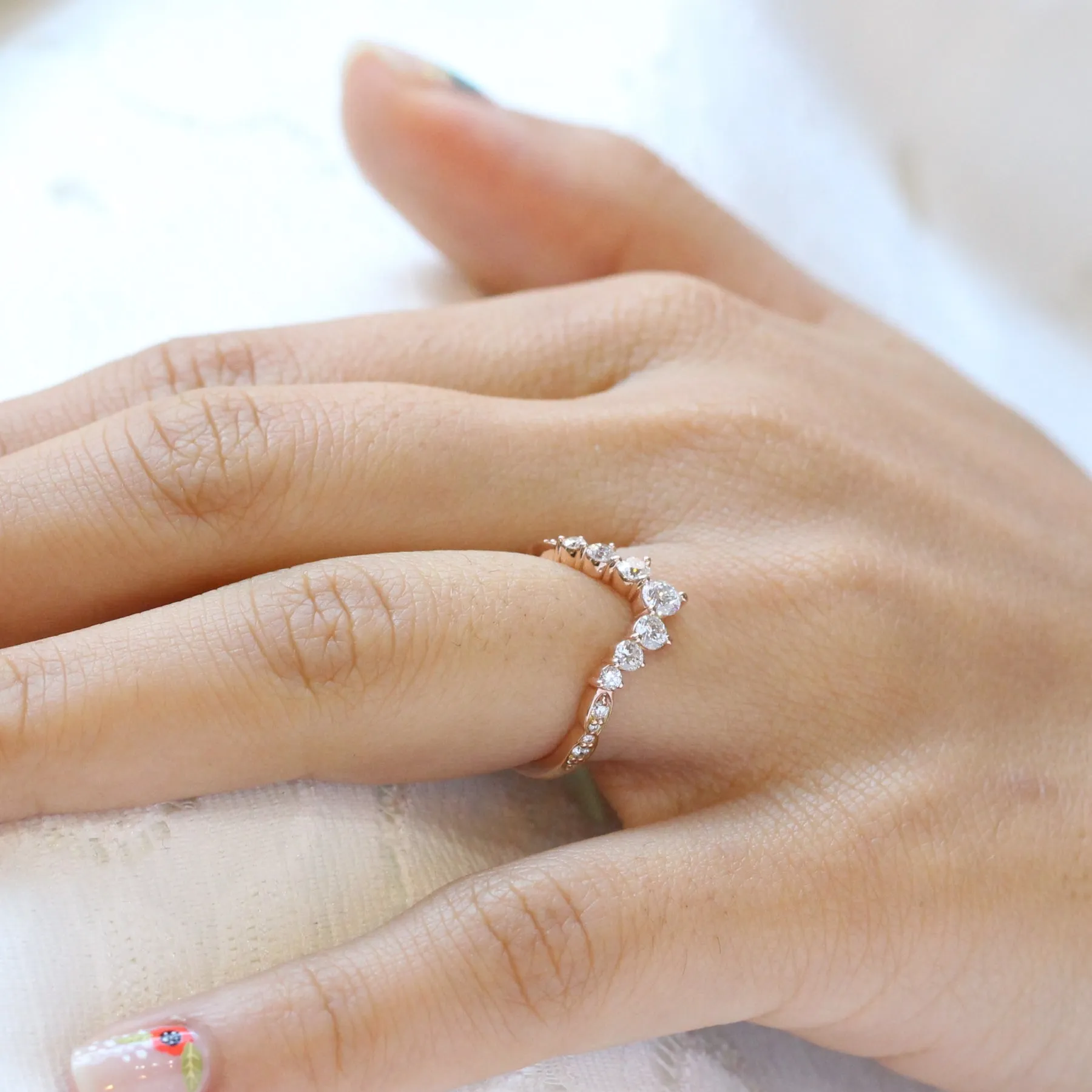 Large 7 Diamond Wedding Ring in Deep U Shaped Scalloped Band