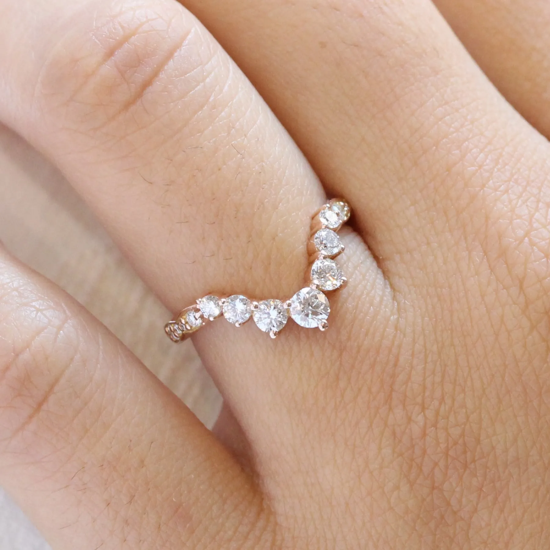 Large 7 Diamond Wedding Ring in Deep U Shaped Scalloped Band