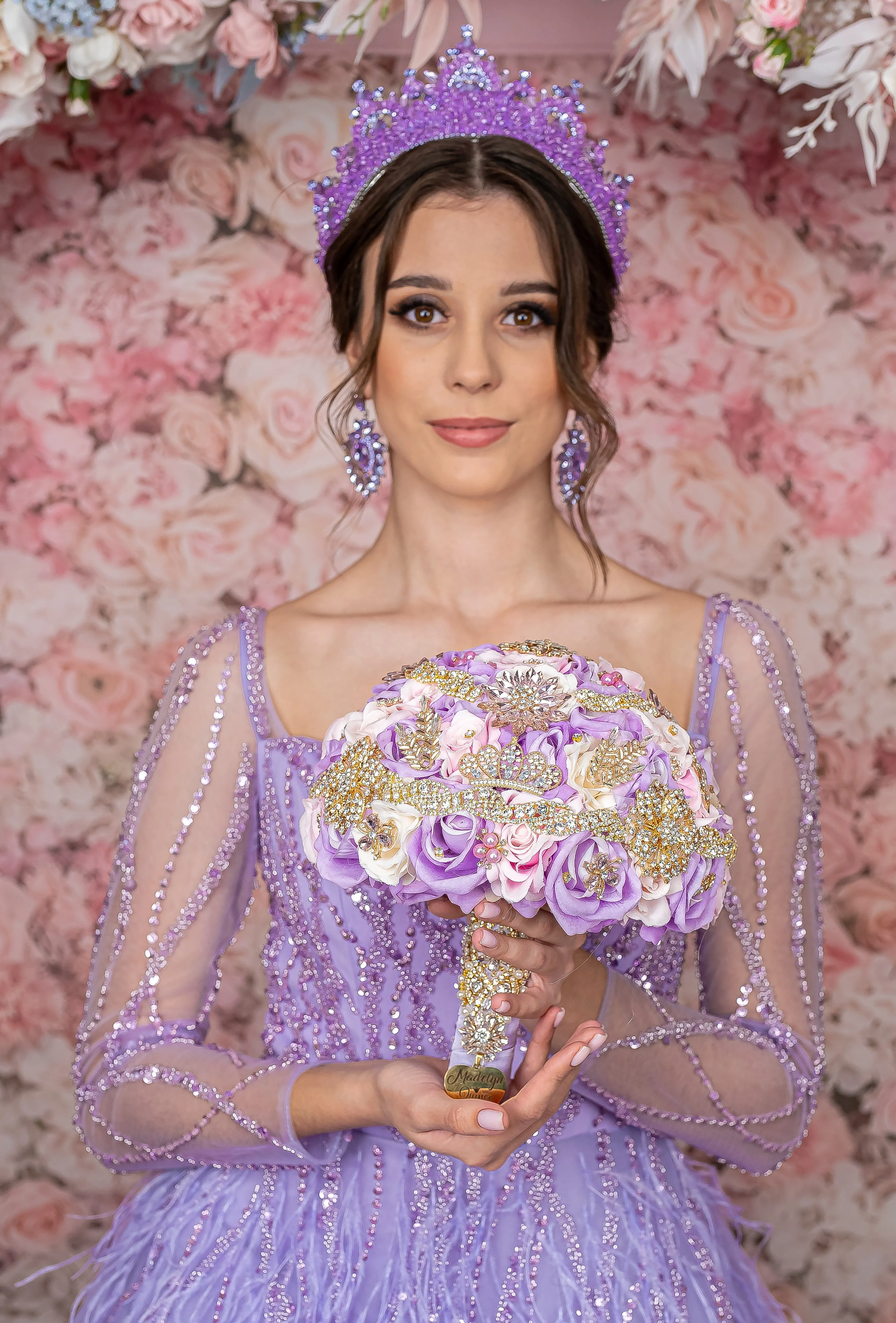 Lavender with pink and ivory quinceanera bouquet 9 inches