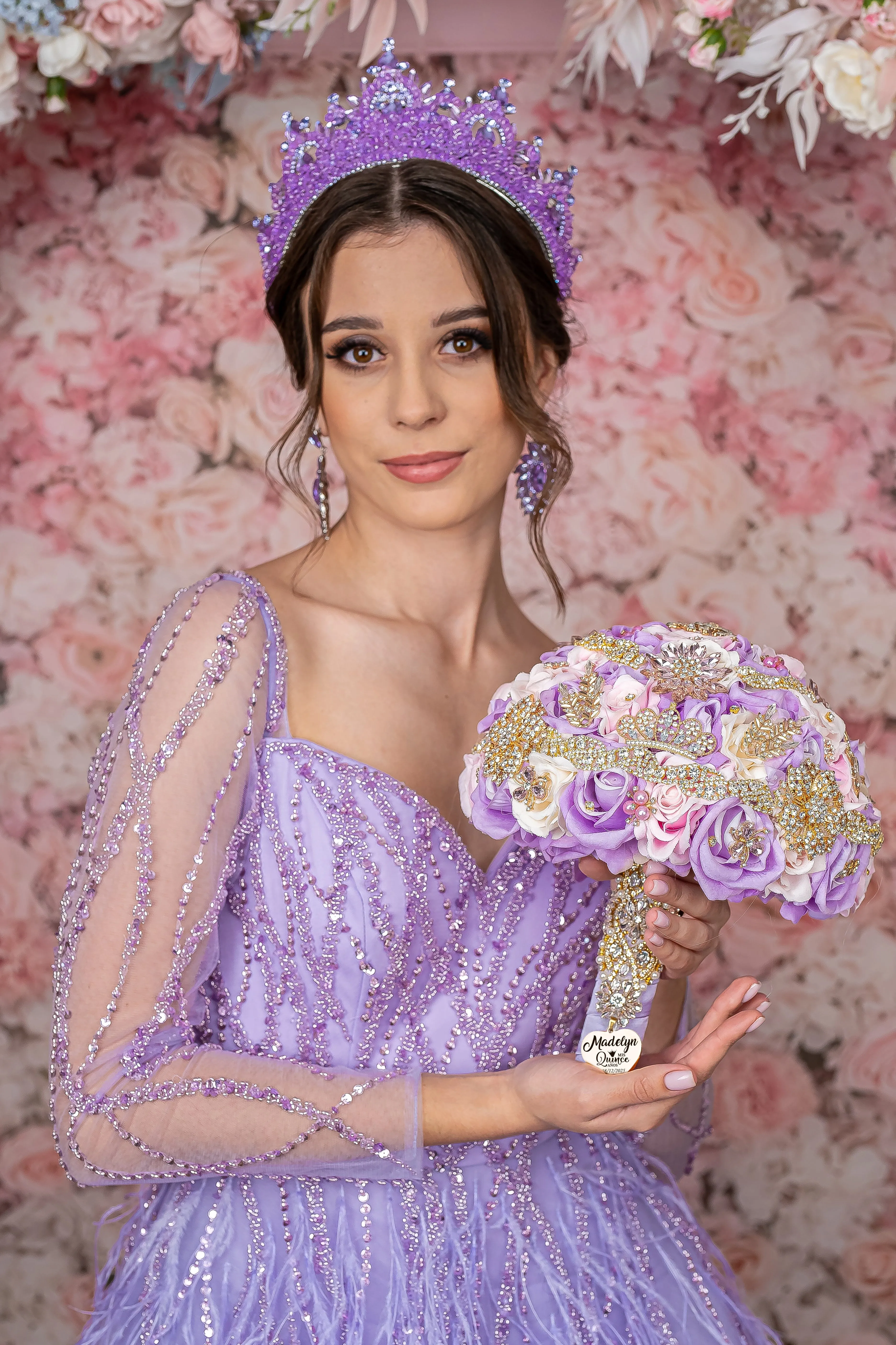 Lavender with pink and ivory quinceanera bouquet 9 inches