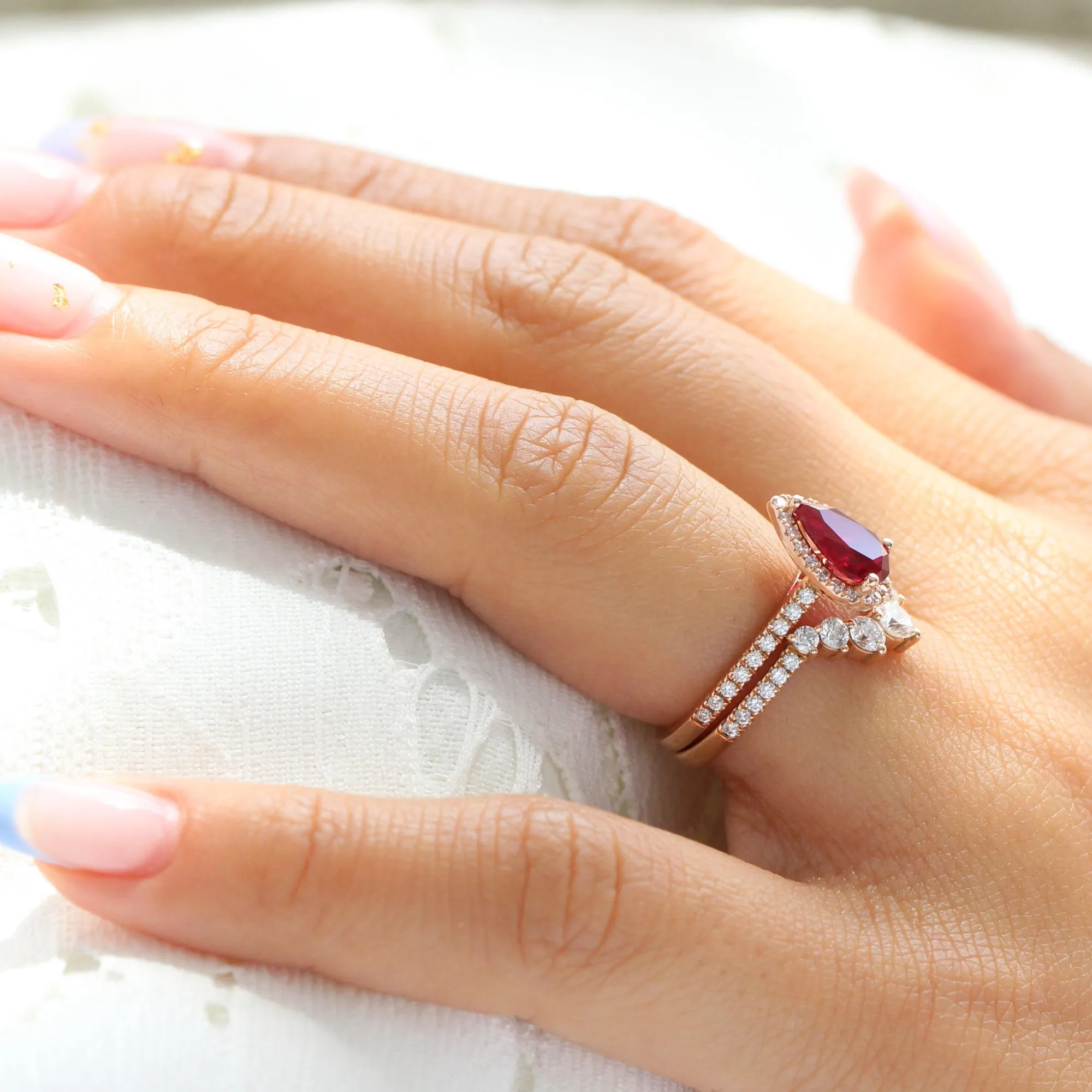 Luna Halo Pear Ruby Bridal Ring Set w/ Large 7 Diamond U Shaped Pave Band