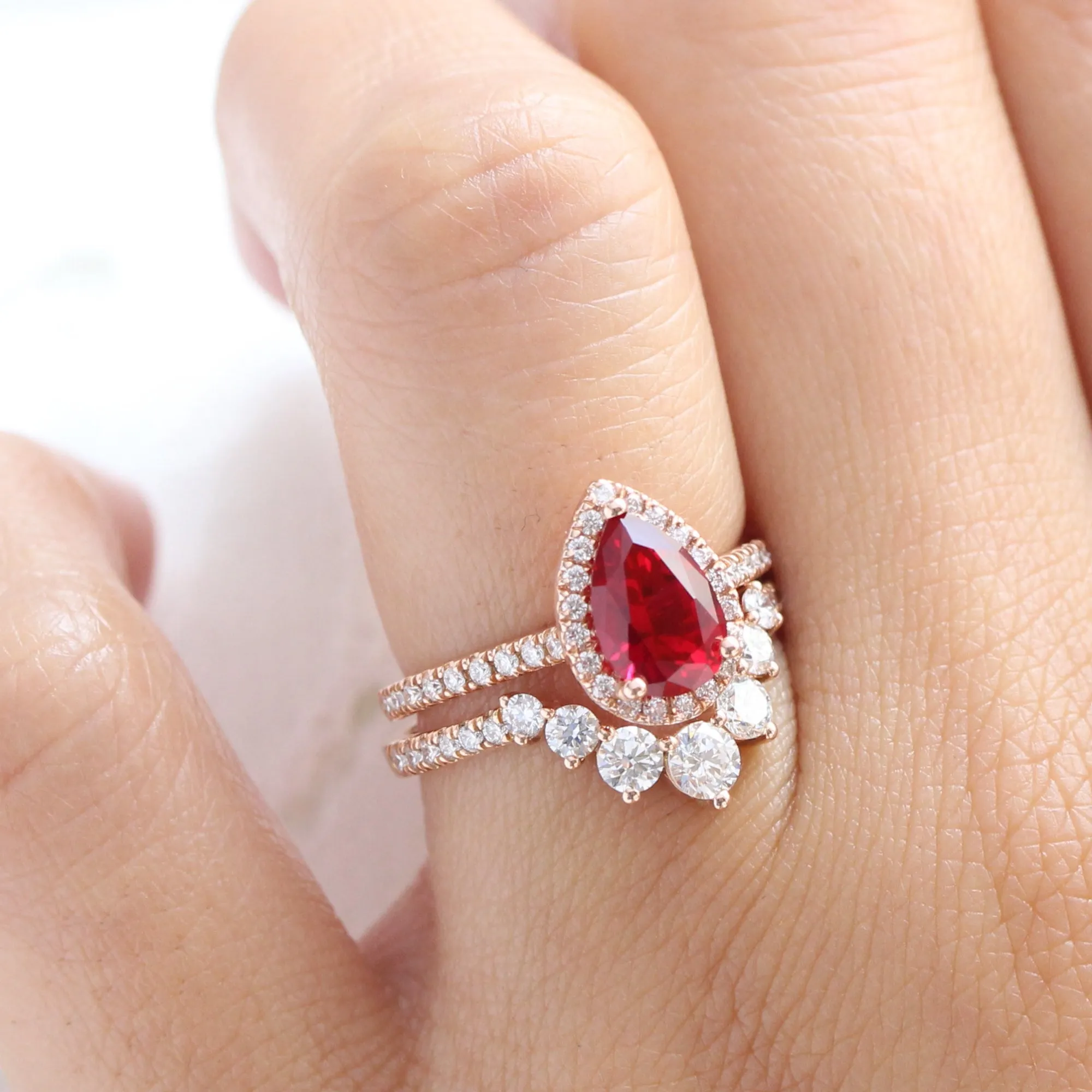 Luna Halo Pear Ruby Bridal Ring Set w/ Large 7 Diamond U Shaped Pave Band