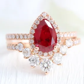 Luna Halo Pear Ruby Bridal Ring Set w/ Large 7 Diamond U Shaped Pave Band