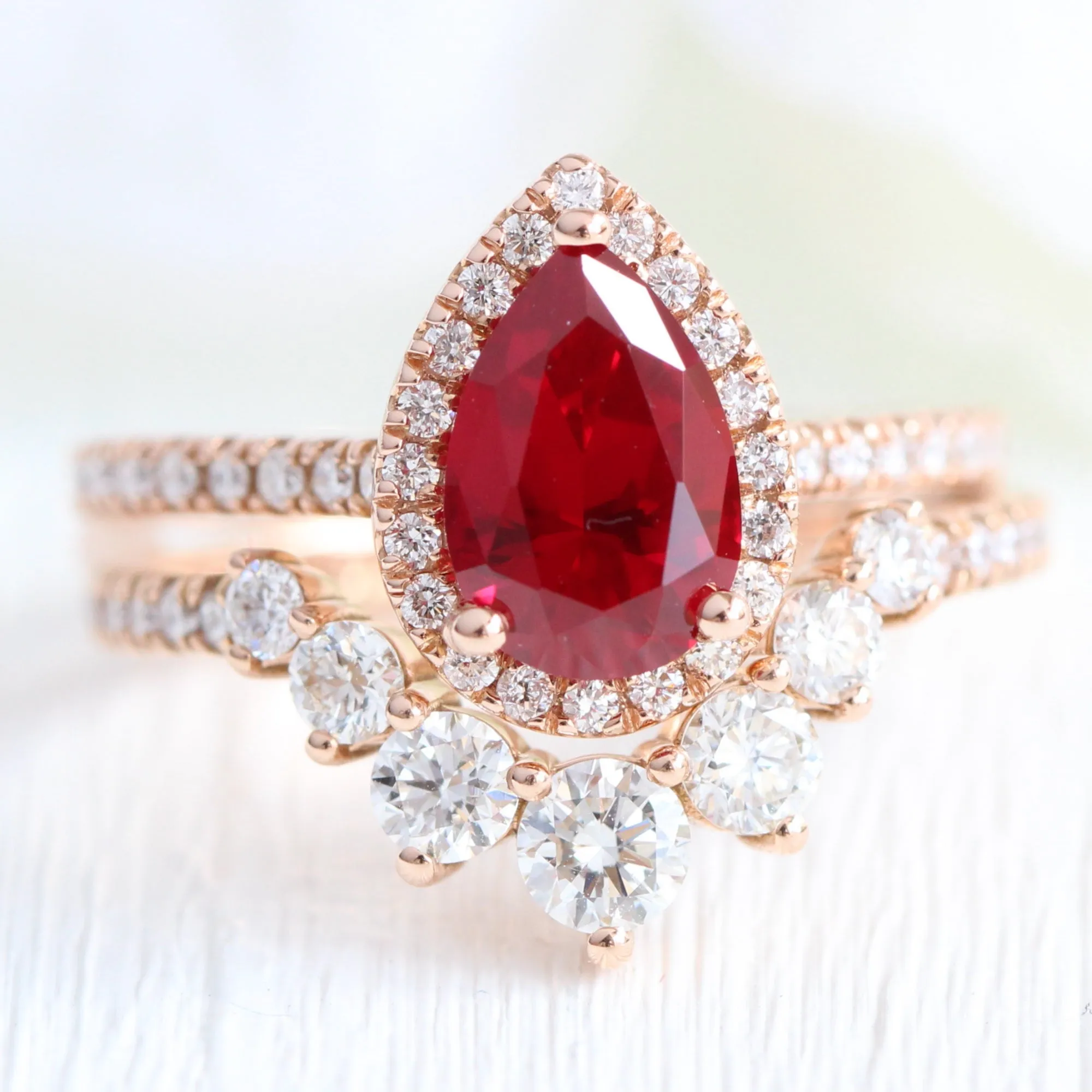 Luna Halo Pear Ruby Bridal Ring Set w/ Large 7 Diamond U Shaped Pave Band