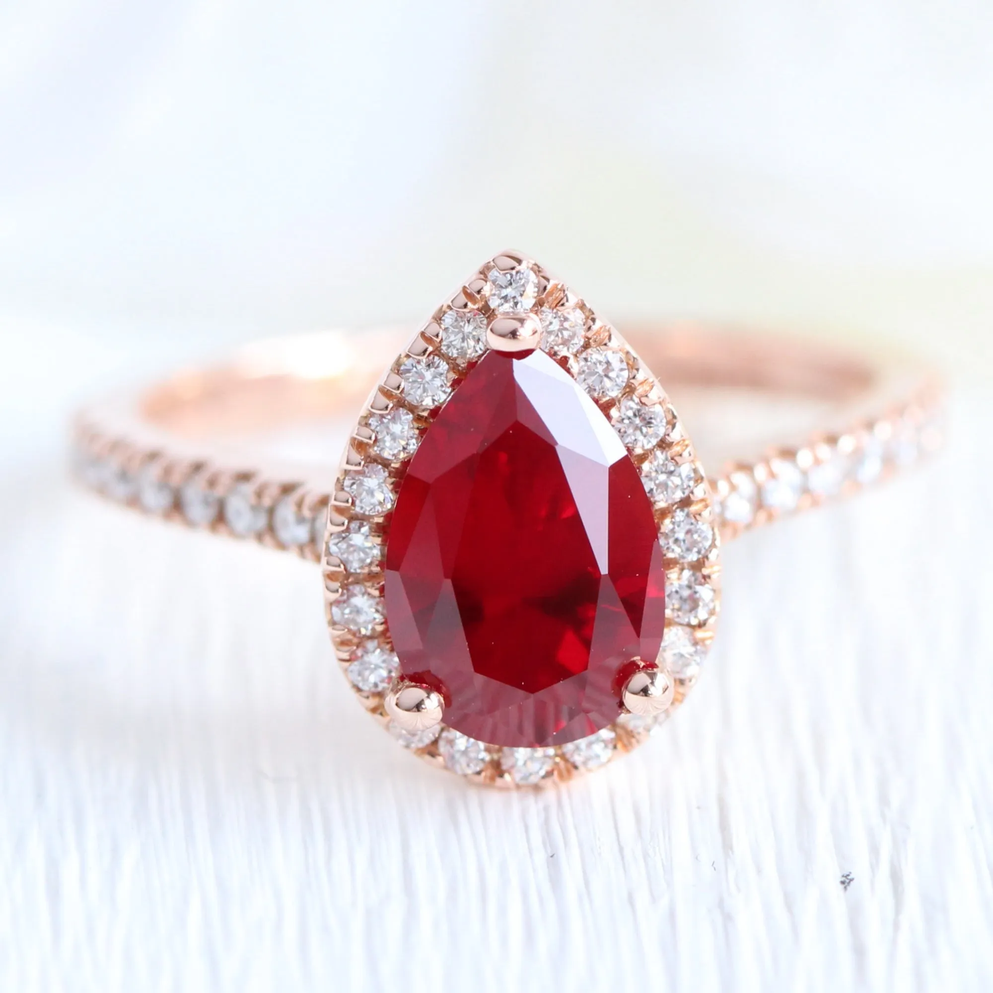 Luna Halo Pear Ruby Bridal Ring Set w/ Large 7 Diamond U Shaped Pave Band