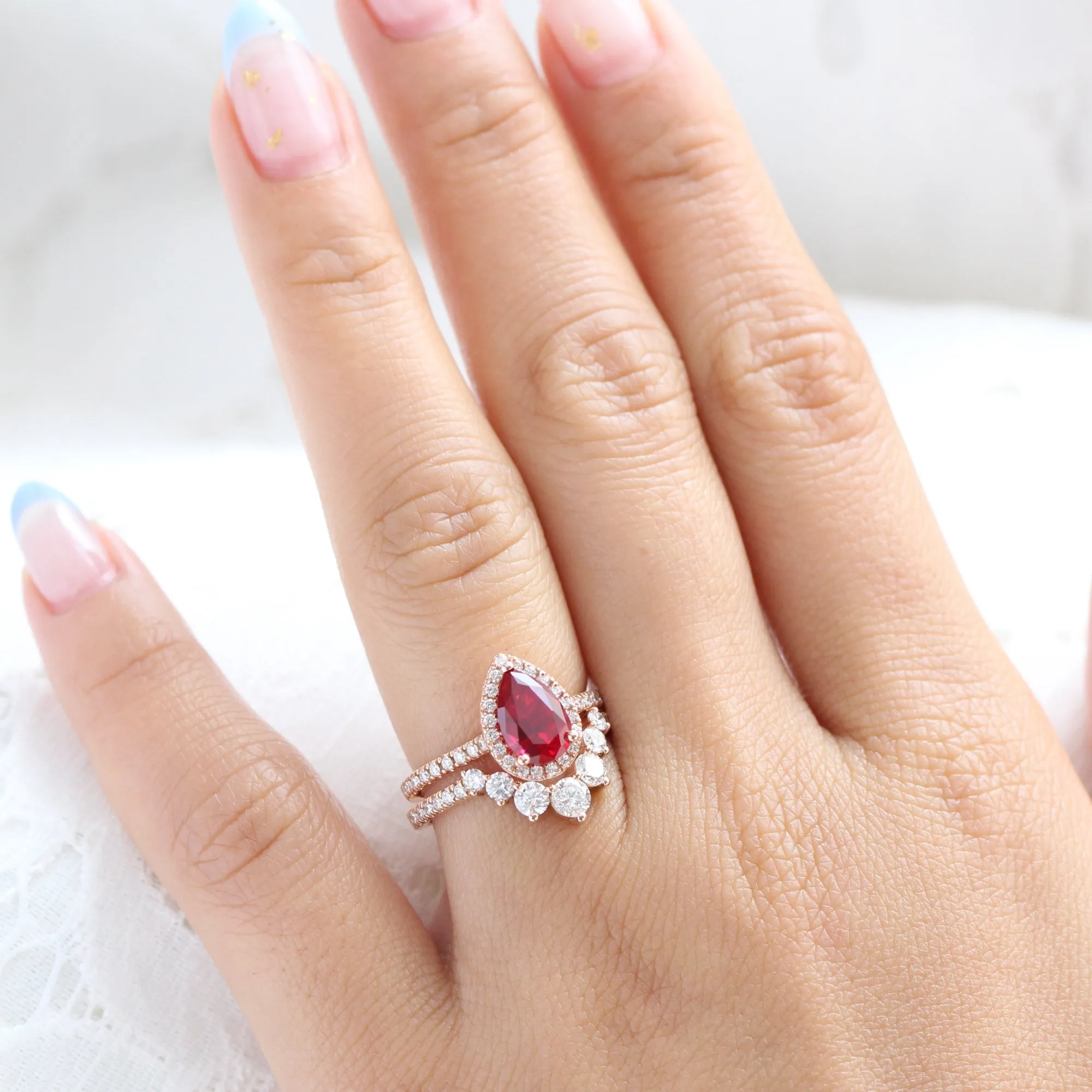 Luna Halo Pear Ruby Bridal Ring Set w/ Large 7 Diamond U Shaped Pave Band
