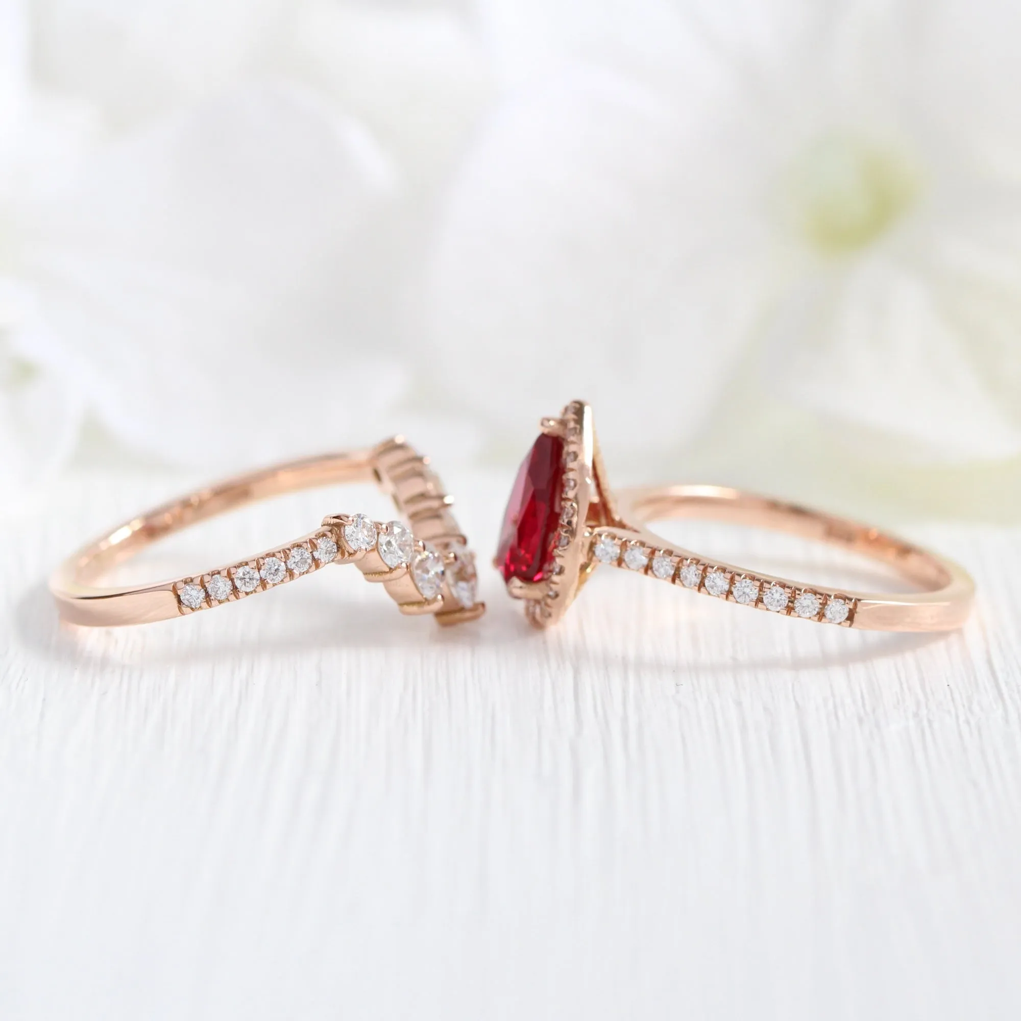 Luna Halo Pear Ruby Bridal Ring Set w/ Large 7 Diamond U Shaped Pave Band