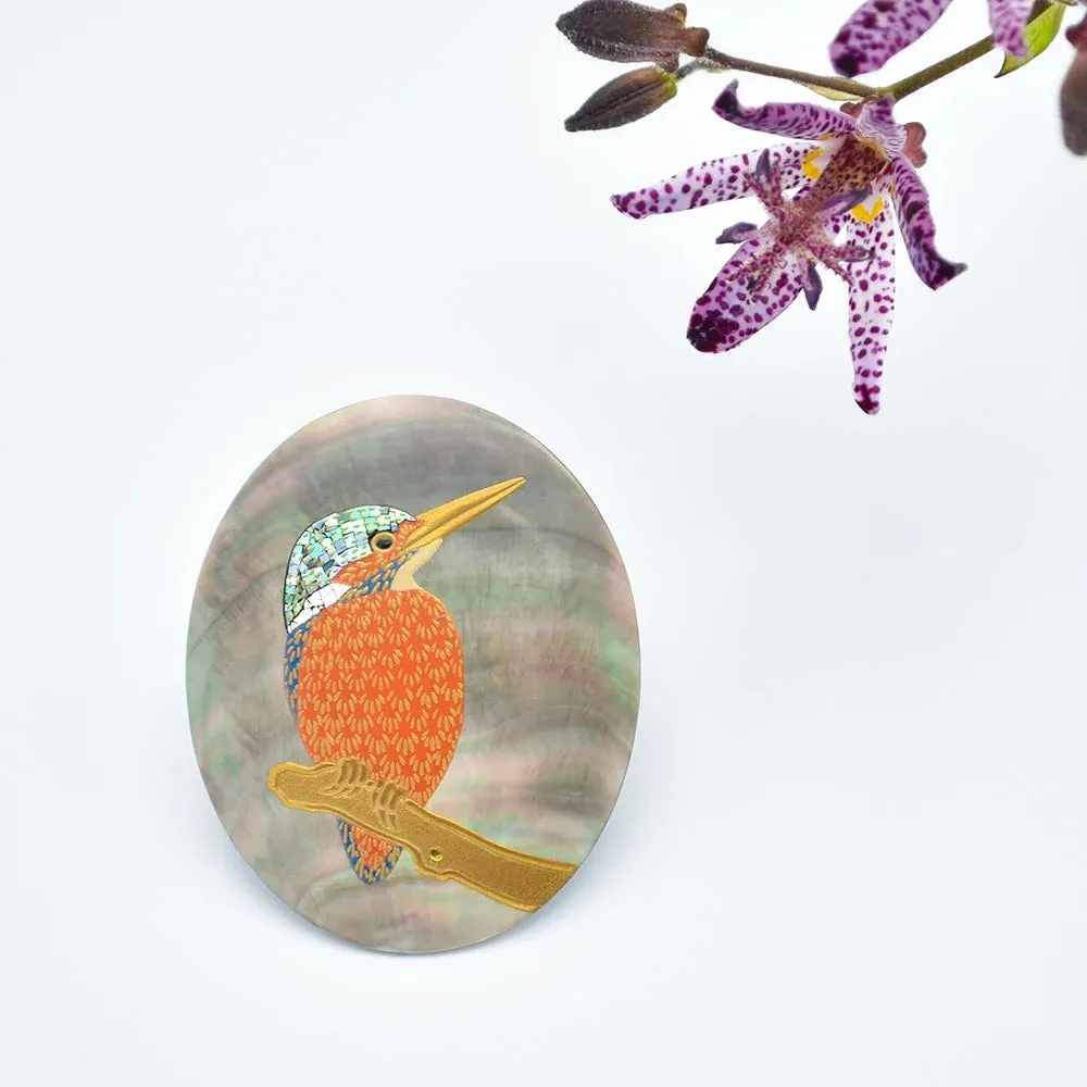 Maki-e Urushi Lacquer Brooch - Black Lip Oyster Pearl Shell / Kingfisher -, Traditional Japanese Urushi Lacquer Jewelry