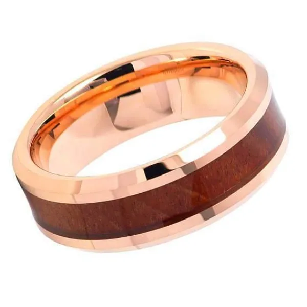 Men's Hawaiian Koa Wood Inlaid Tungsten Carbide Ring With Beveled Edges- 8mm