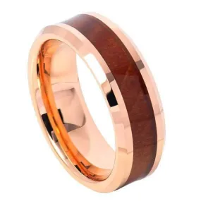 Men's Hawaiian Koa Wood Inlaid Tungsten Carbide Ring With Beveled Edges- 8mm