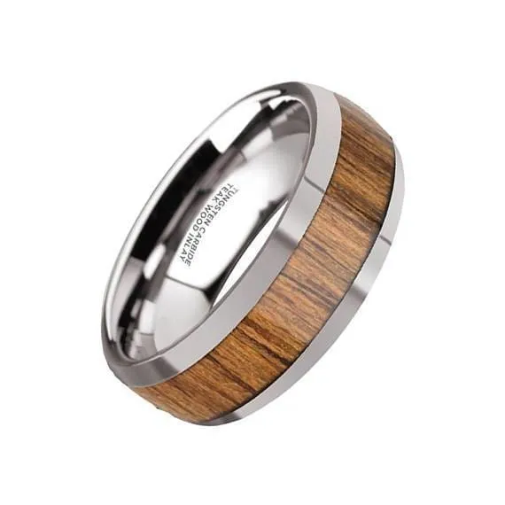 Men's Tungsten Carbide Wedding Band With Teak Wood Inlay High Polish Edges - 8 mm