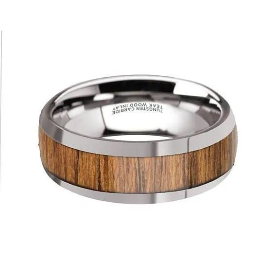 Men's Tungsten Carbide Wedding Band With Teak Wood Inlay High Polish Edges - 8 mm