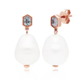 Moderne Perle & Topas Asymmetrische Tropfen Ohrringe in Rose Vergoldetem Sterling Silber