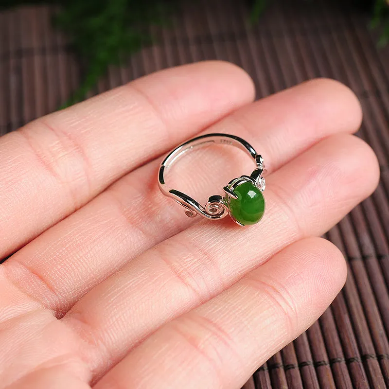 Natural Jade Ring Nephrite Silver Adjustable Ring WR19