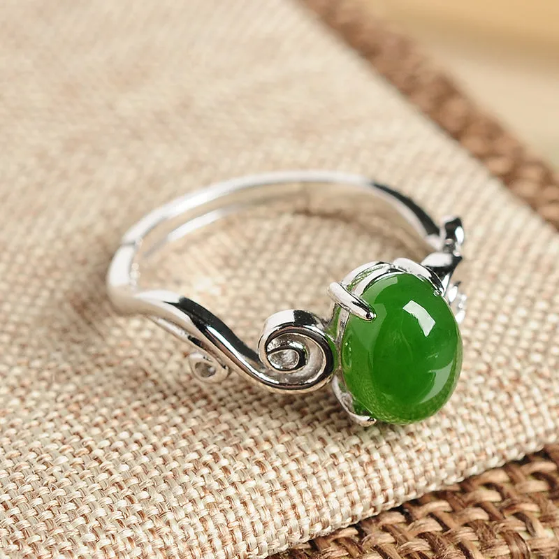 Natural Jade Ring Nephrite Silver Adjustable Ring WR19