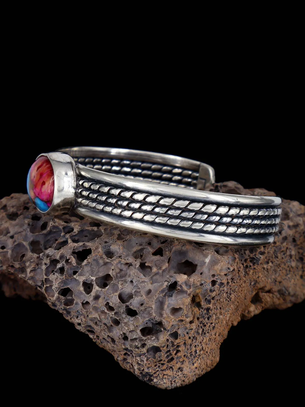 Navajo Compressed Spiny Oyster and Turquoise Sterling Silver Cuff Bracelet