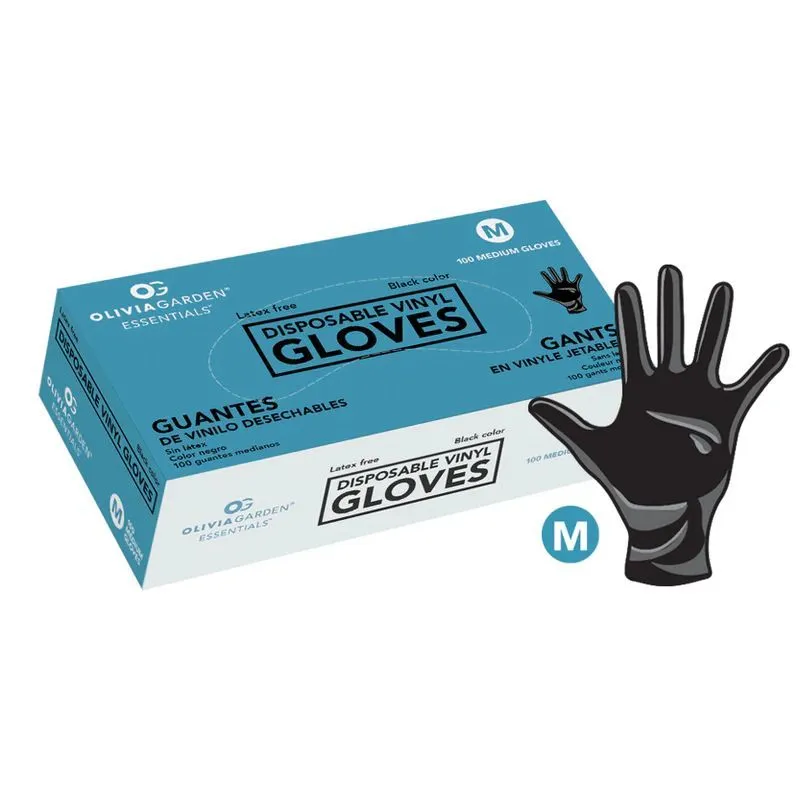 Olivia Garden Essentials Disposable Vinyl Gloves Black Vinyl Medium