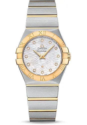 Omega Constellation Quartz Watch - 27 mm Steel Case - Yellow Gold Bezel - Mother-Of-Pearl Diamond Dial - 123.20.27.60.55.008