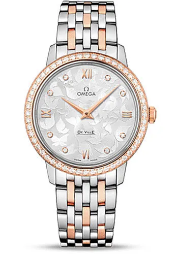 Omega De Ville Prestige Quartz Watch - 32.7 mm Steel Case - 8K Red Gold Bezel - Silver Diamond Dial - Red Gold-Steel Bracelet - 424.25.33.60.52.001