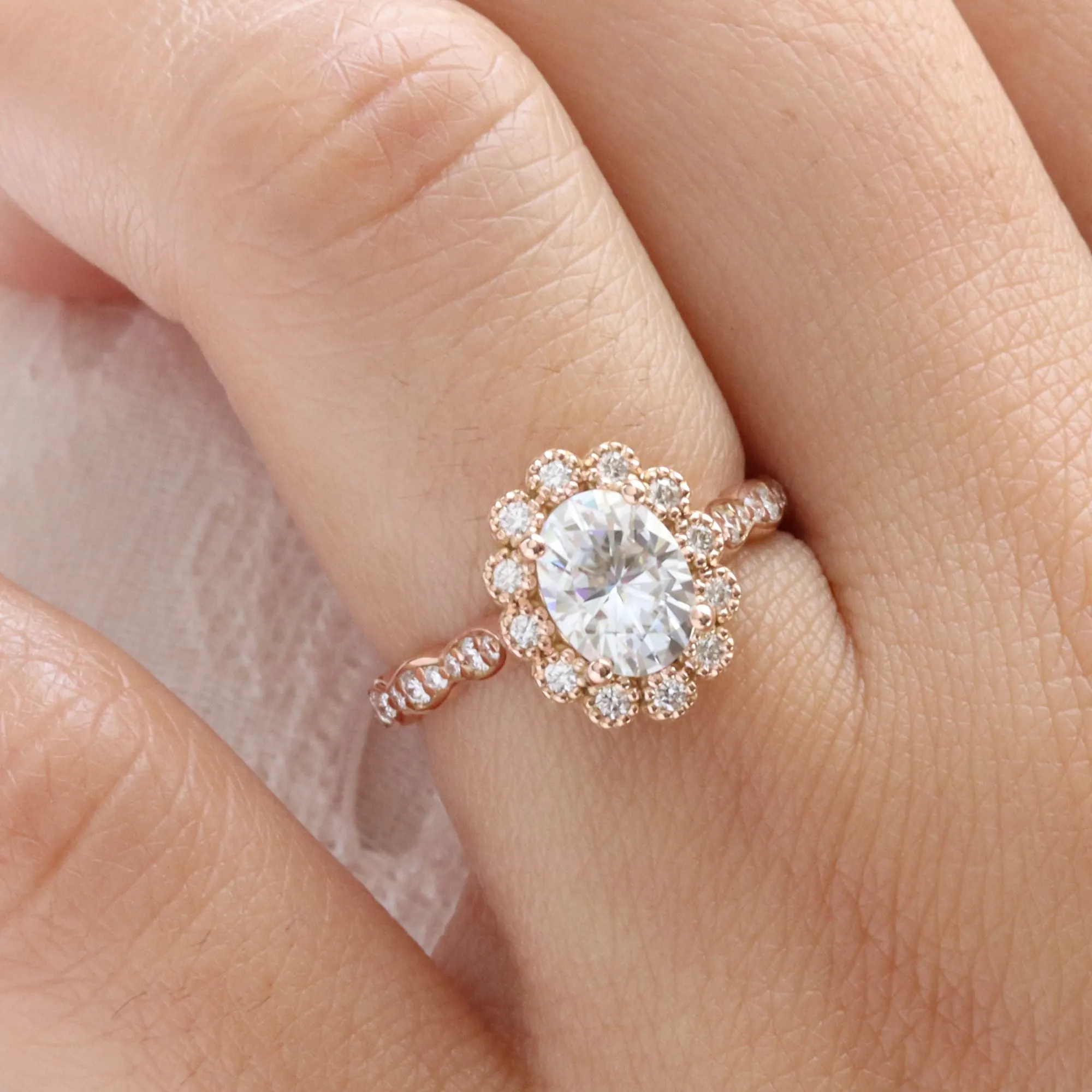 Oval Moissanite Engagement Ring in Vintage Luna Halo Diamond Ring