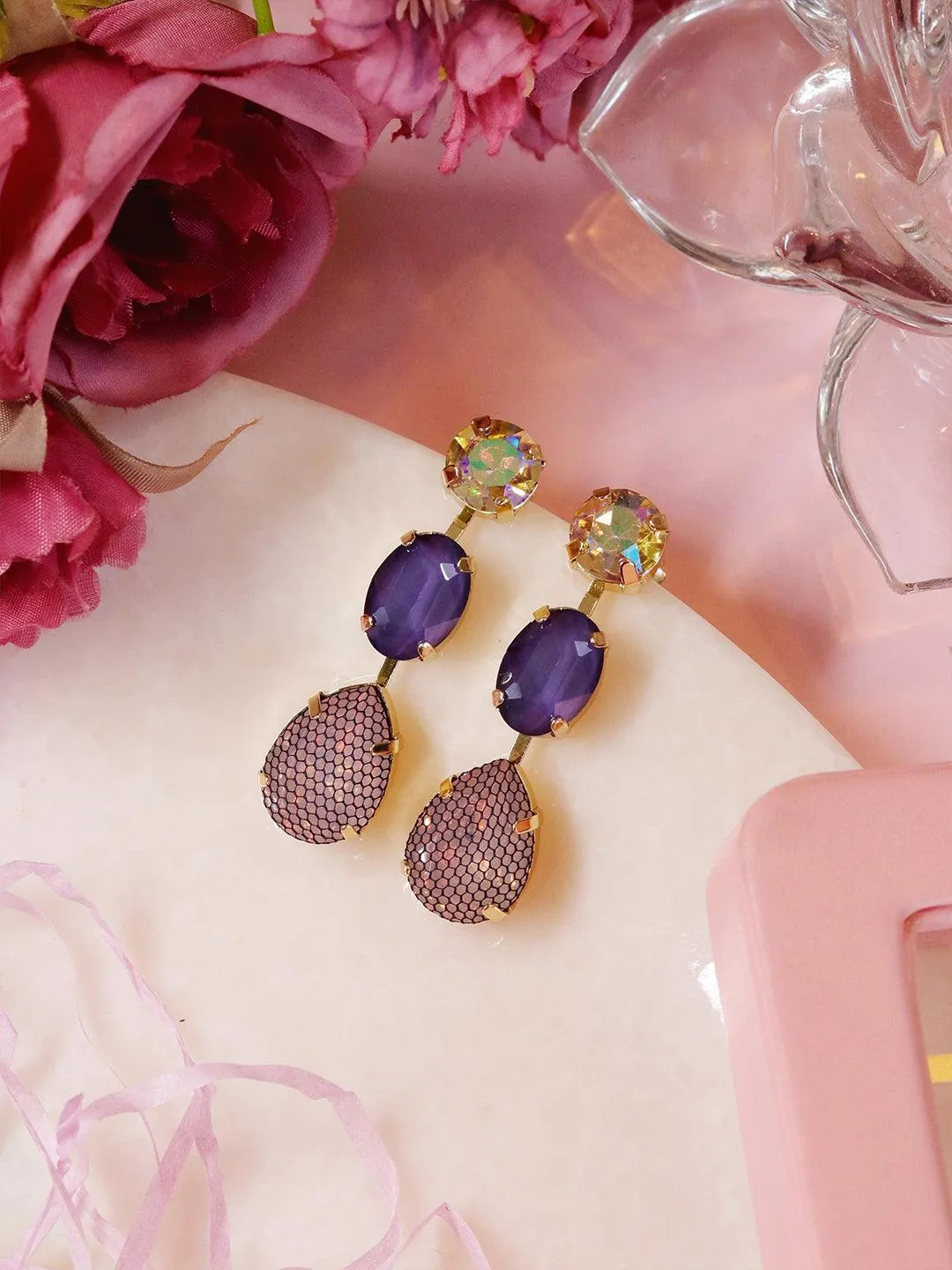 Palak Tiwari In Honeycomb 3 Tiered Earrings Purple
