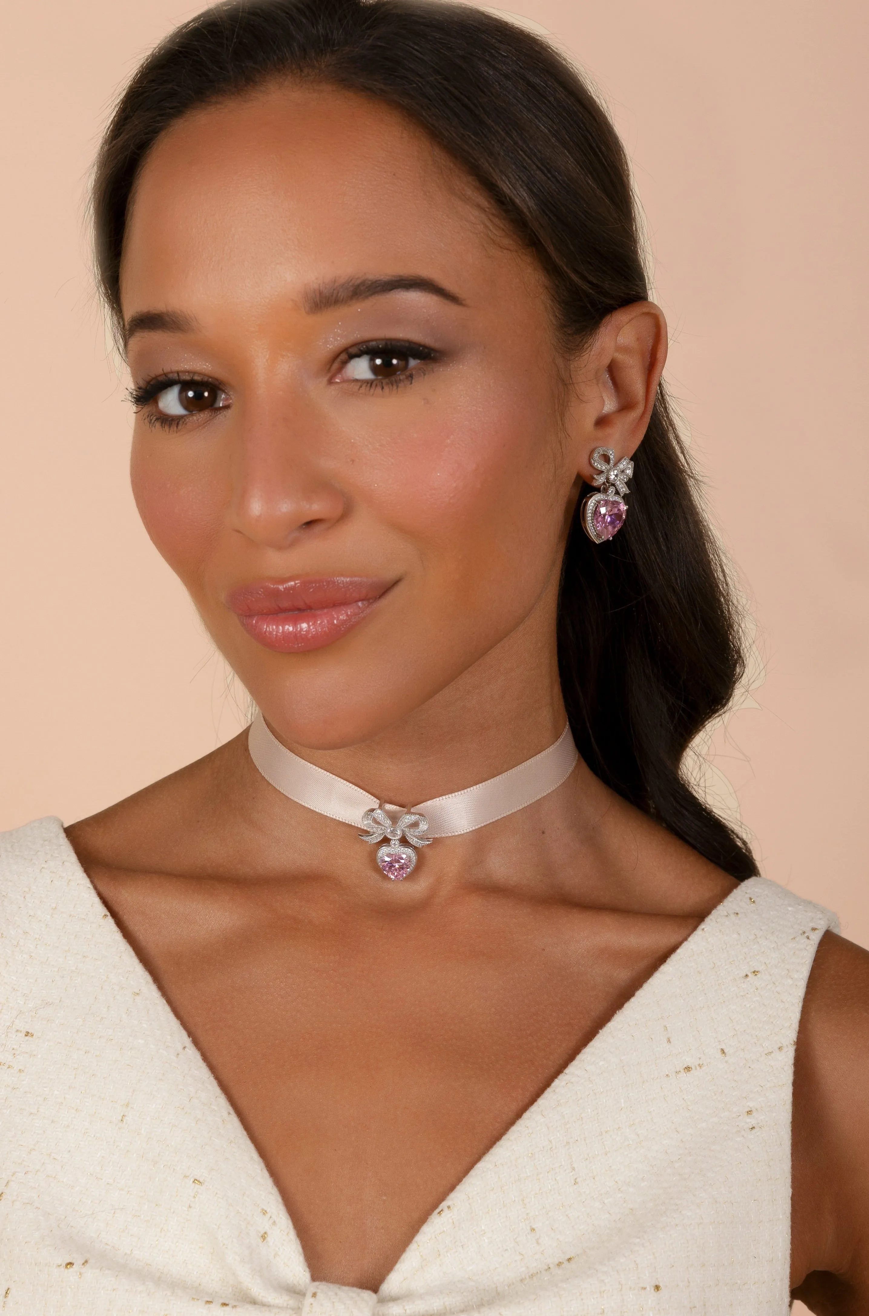 'Princess' Bow and Crystal Heart Silver Pendant