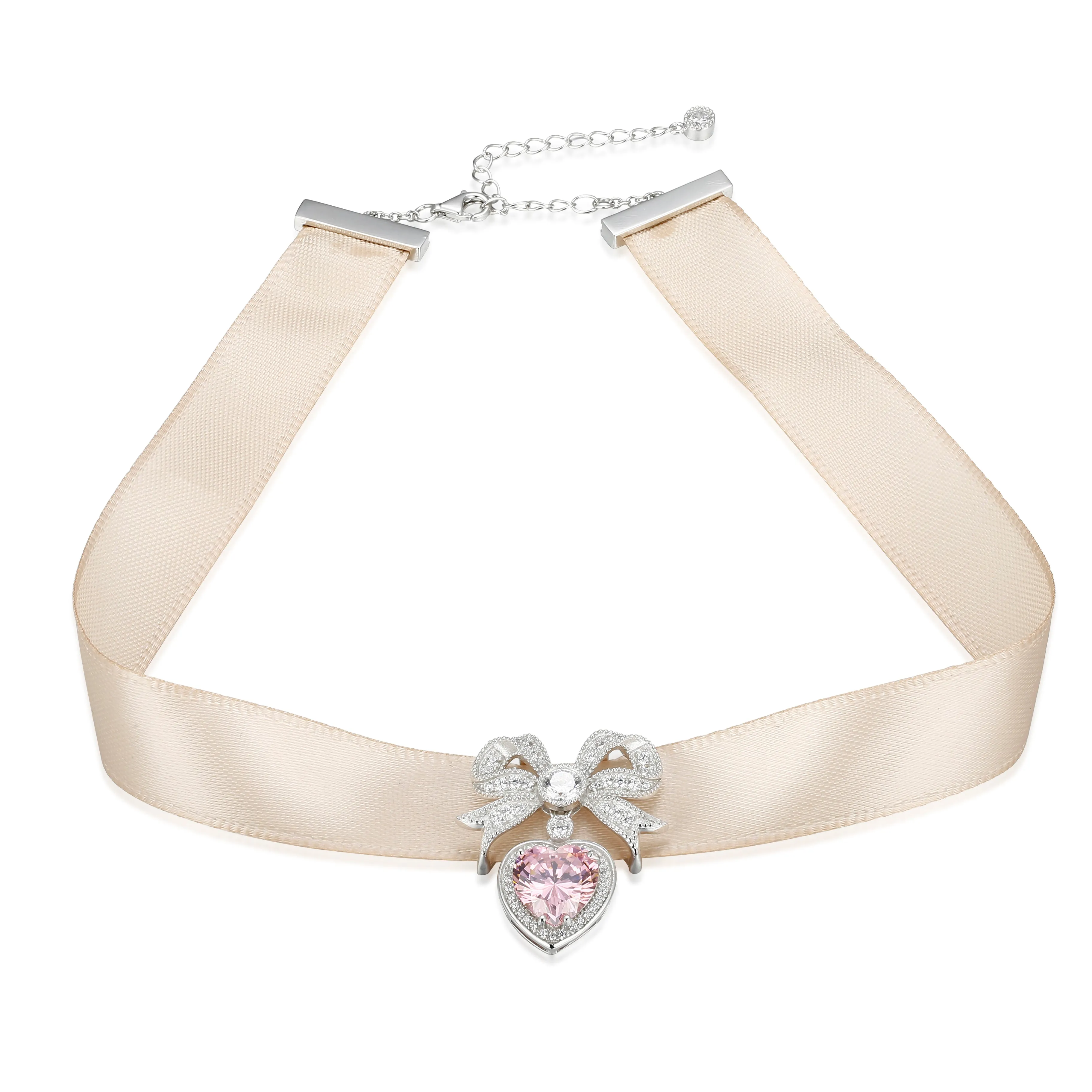 'Princess' Bow and Crystal Heart Silver Pendant