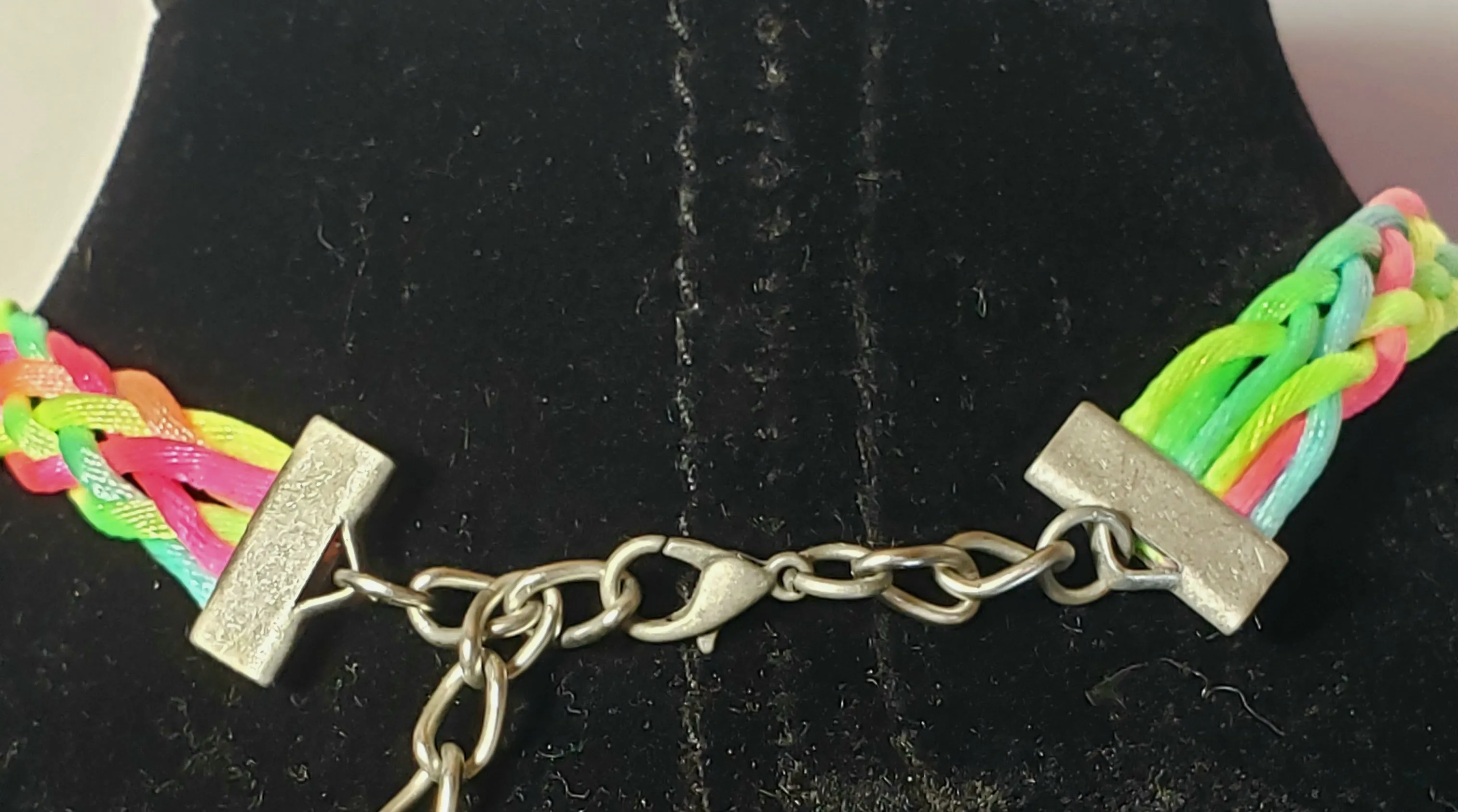 Rainbow / Multi Color Nylon Choker with Metal Yin Yang Pendant, Adjustable 12.5"-14.5" with Silvertone Chain & Clasp