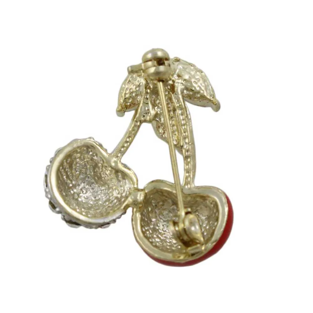 Red Enamel and Crystals Cherries Brooch Pin - PRF609C