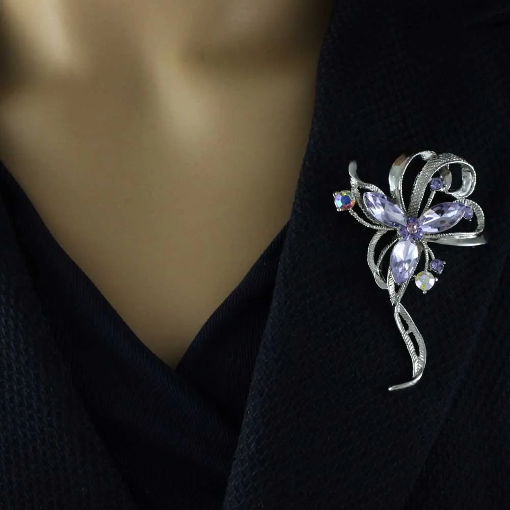 Ribbon with Light Purple Crystal Flower Brooch Pin - PRL631