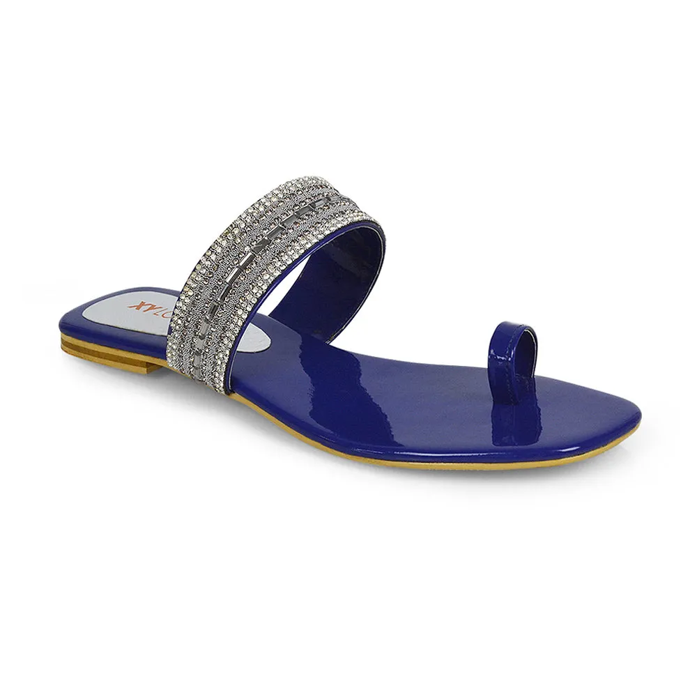 Rogan Strappy Slip on Toe Post Ring Diamante Flat Sandal Sliders in Black