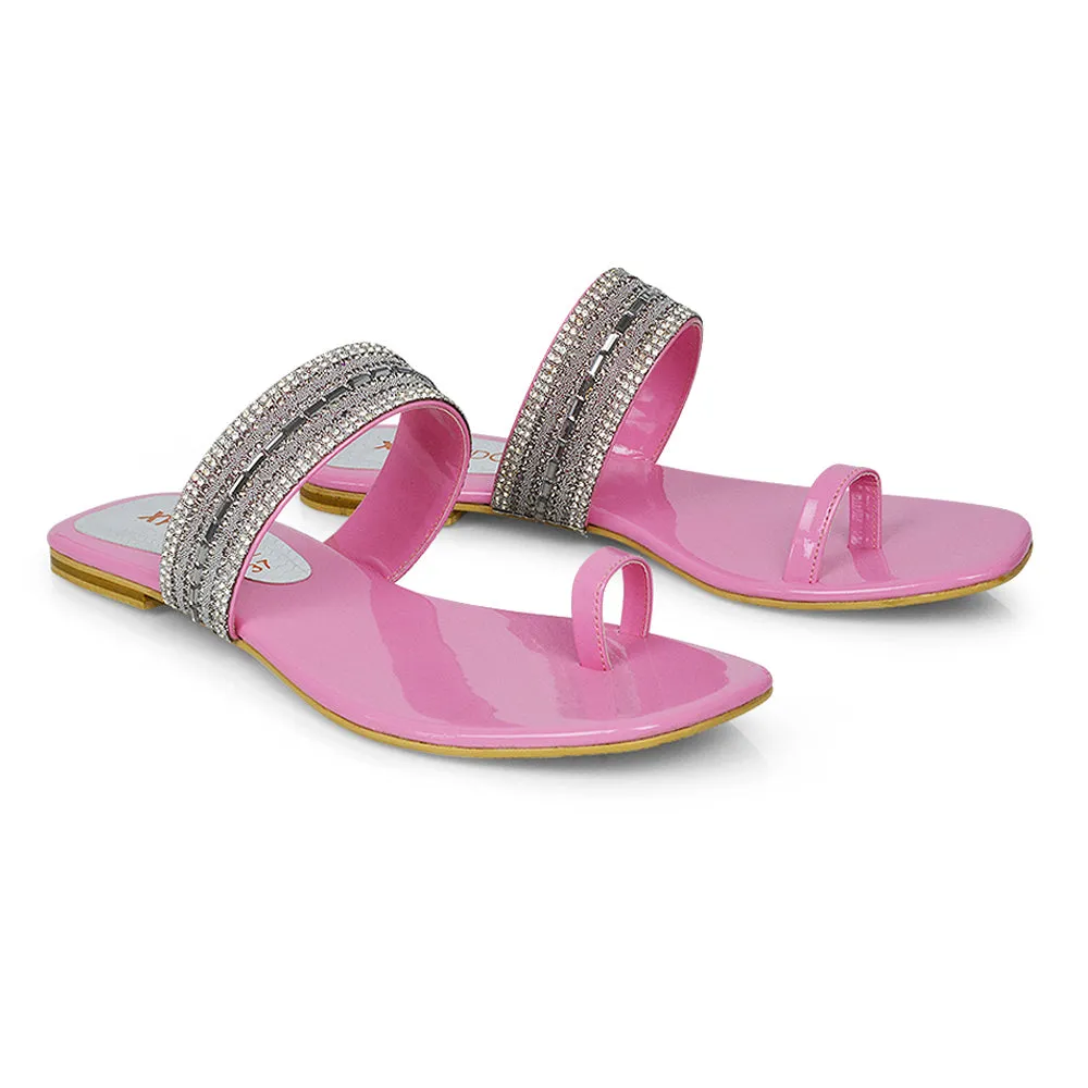 Rogan Strappy Slip on Toe Post Ring Diamante Flat Sandal Sliders in Black