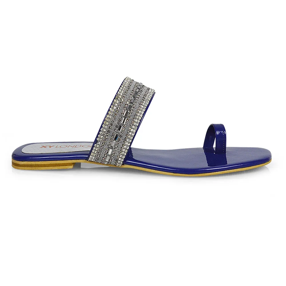 Rogan Strappy Slip on Toe Post Ring Diamante Flat Sandal Sliders in Black