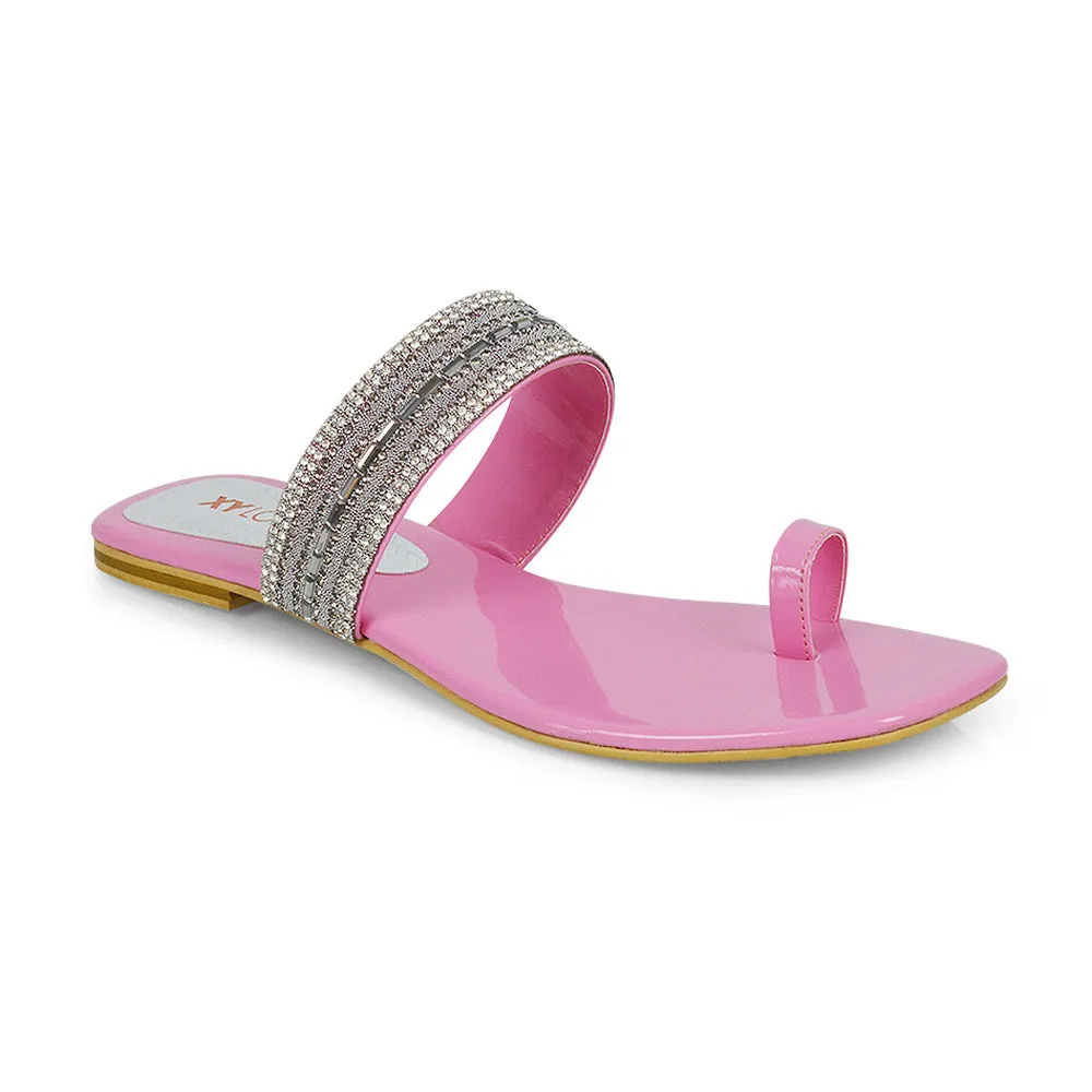Rogan Strappy Slip on Toe Post Ring Diamante Flat Sandal Sliders in Black