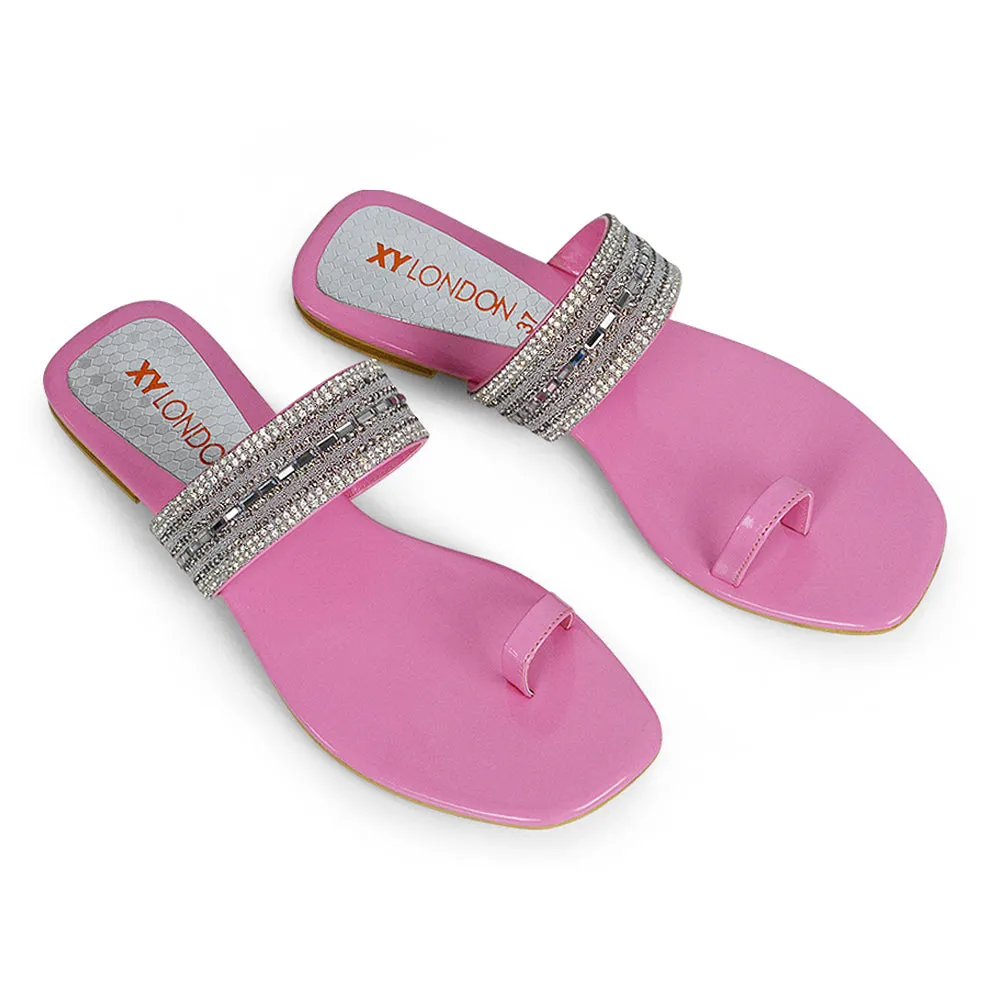 Rogan Strappy Slip on Toe Post Ring Diamante Flat Sandal Sliders in Black