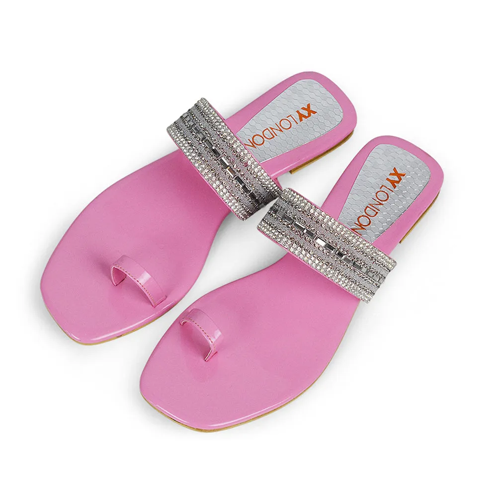 Rogan Strappy Slip on Toe Post Ring Diamante Flat Sandal Sliders in Black