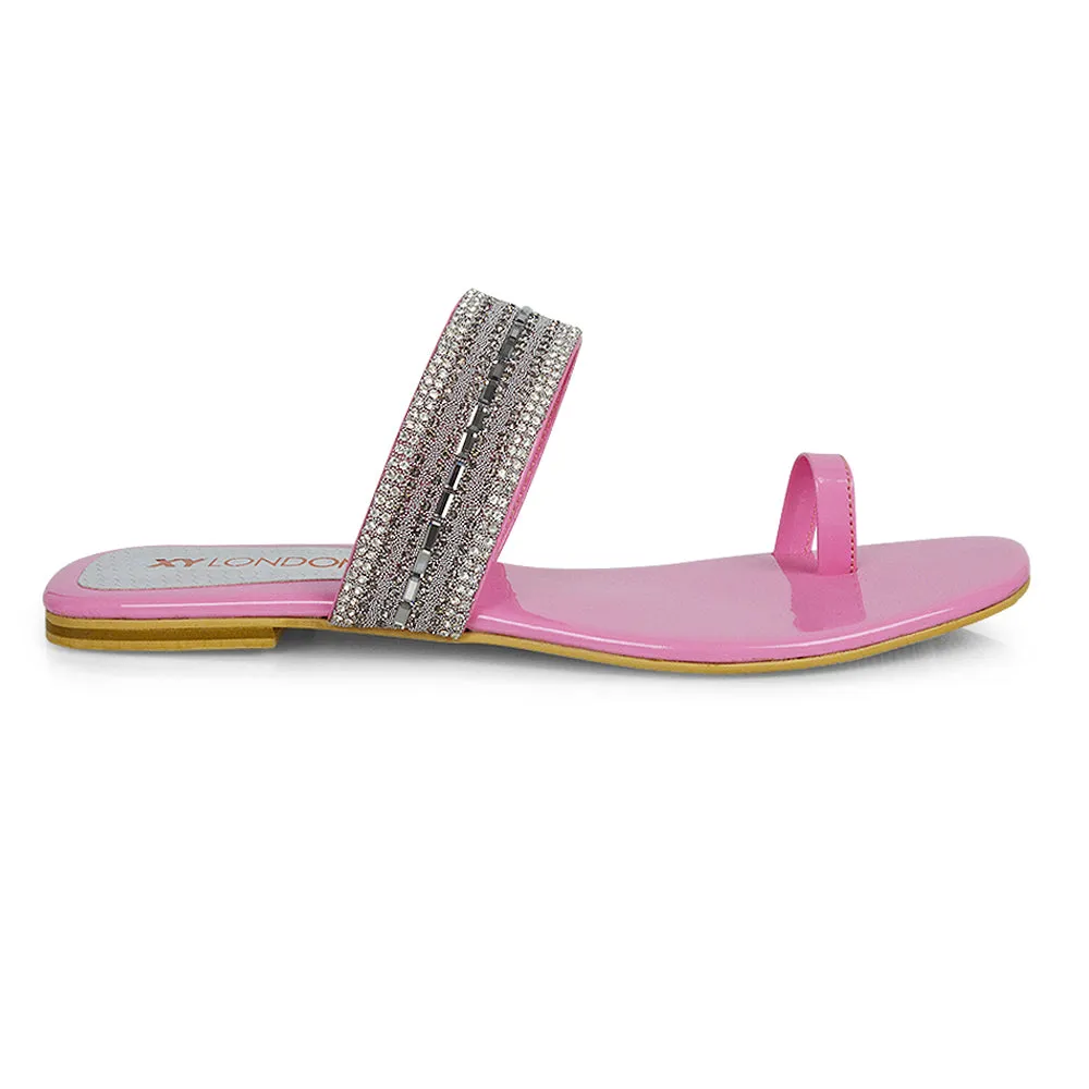 Rogan Strappy Slip on Toe Post Ring Diamante Flat Sandal Sliders in Black