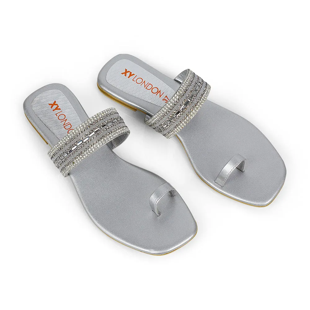 Rogan Strappy Slip on Toe Post Ring Diamante Flat Sandal Sliders in Black